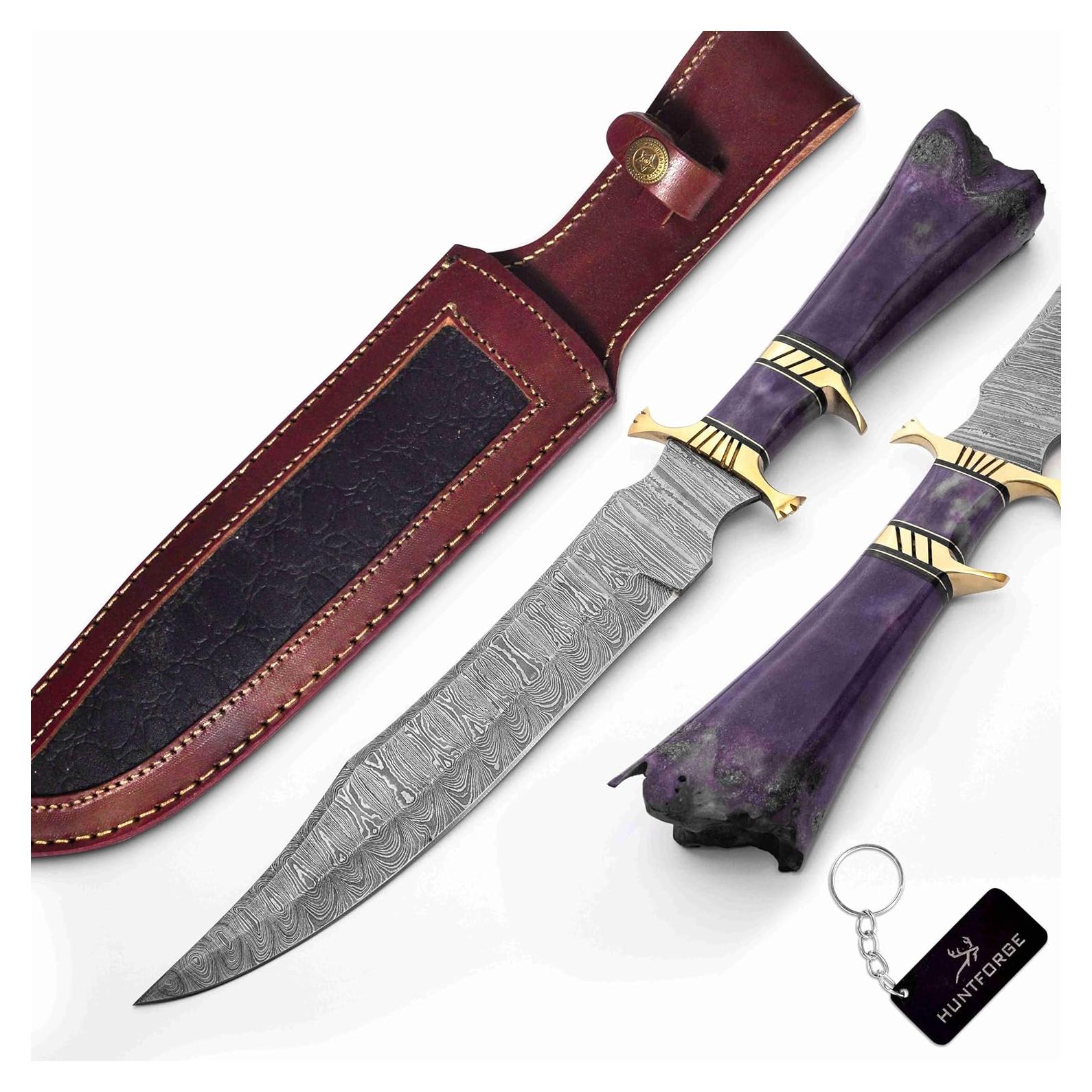 Cuchillo Bowie HUNTFORGE 40.64 cm Acero Damasco Mango Hueso