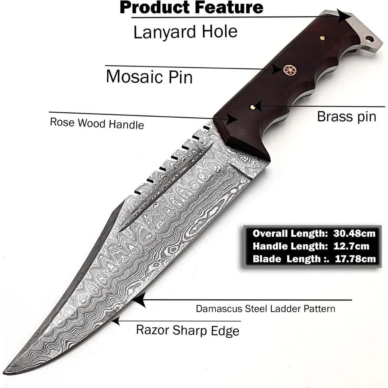 Cuchillo de Caza Fijo Bushcraft de Acero Damasco 30.48 cm