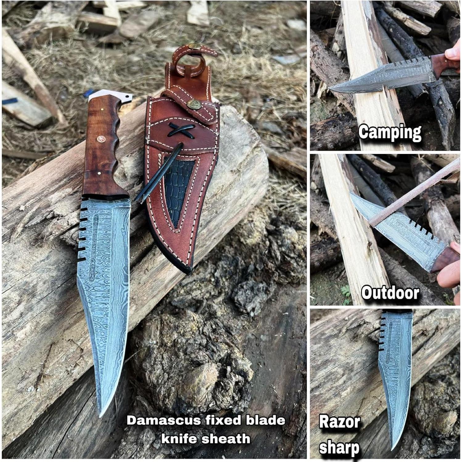 Cuchillo de Caza Fijo Bushcraft de Acero Damasco 30.48 cm