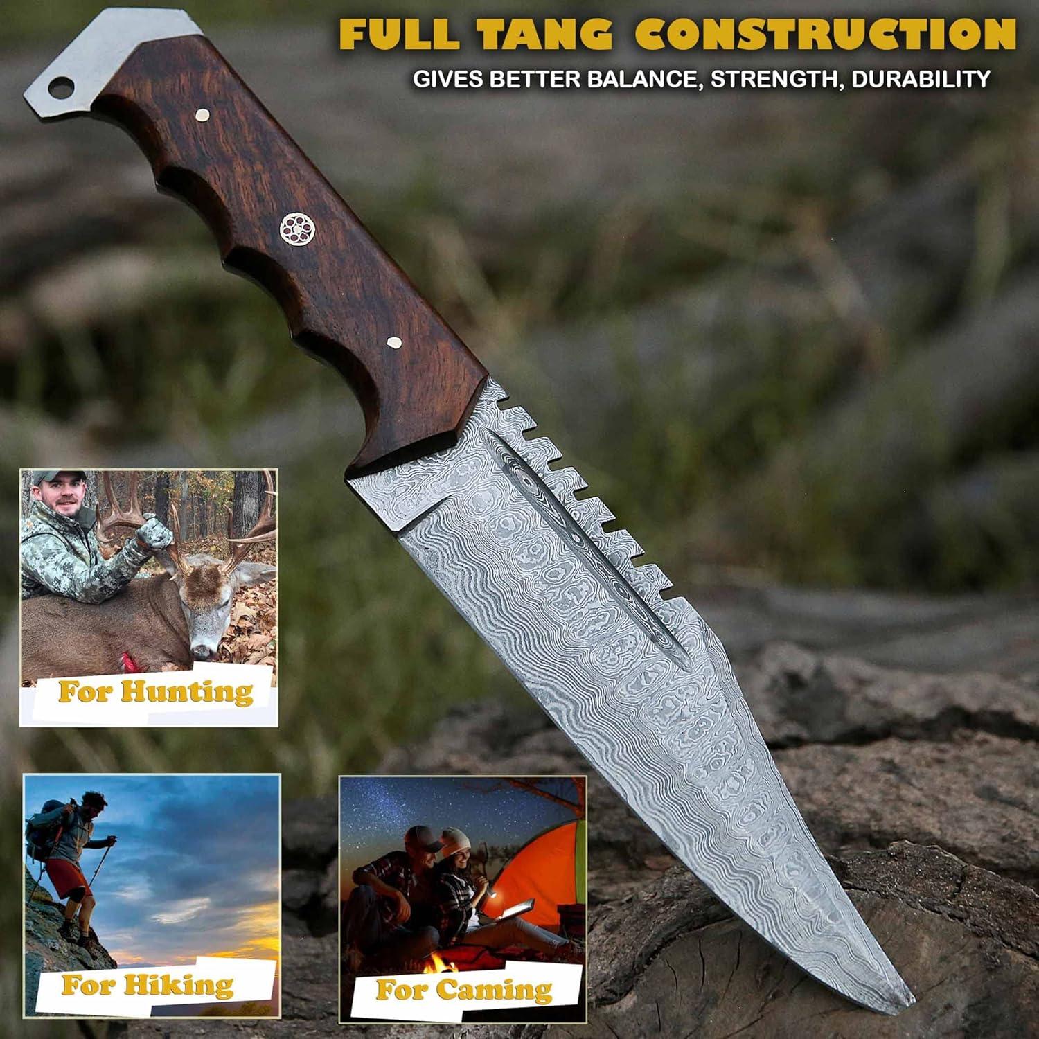 Cuchillo de Caza Fijo Bushcraft de Acero Damasco 30.48 cm