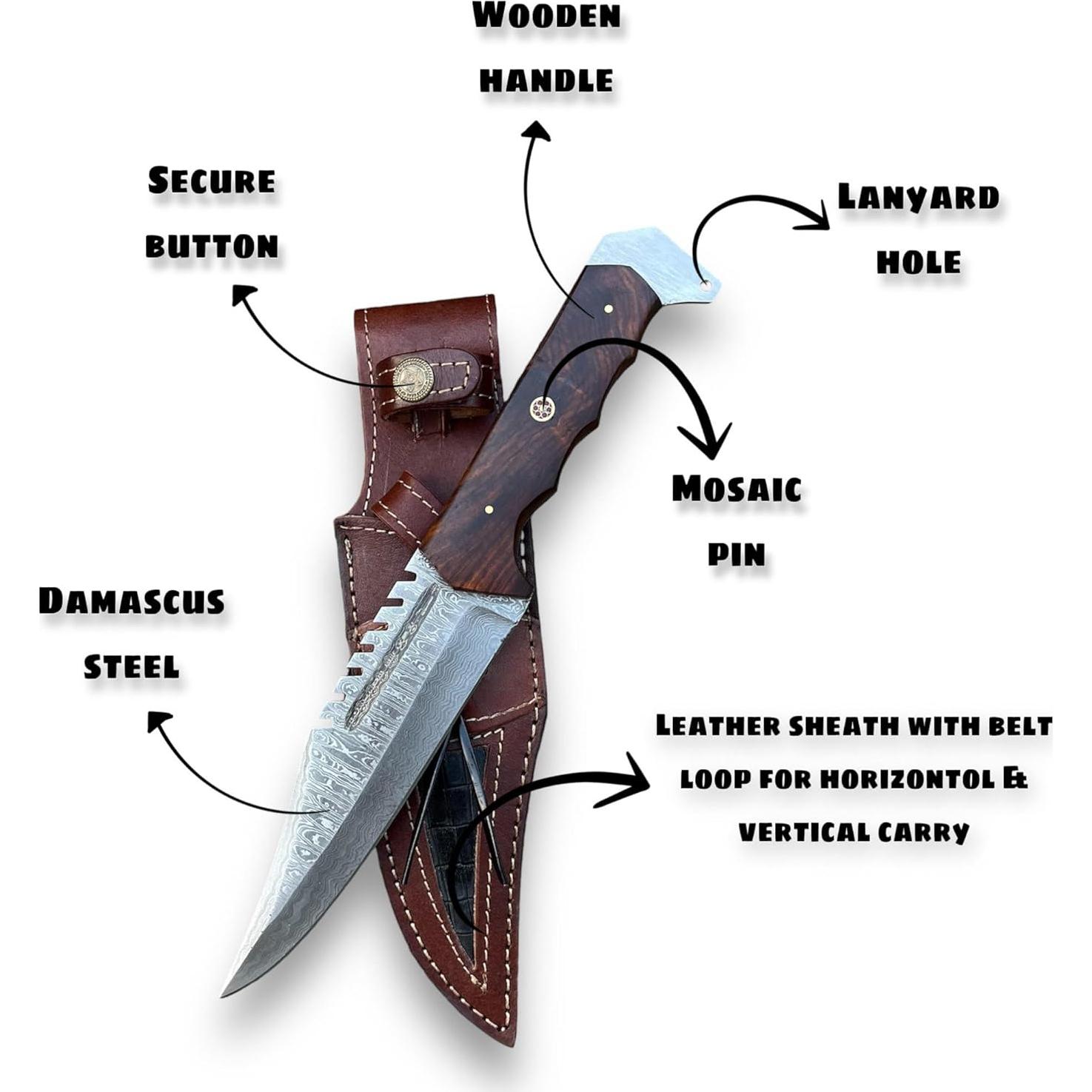 Cuchillo de Caza Fijo Bushcraft de Acero Damasco 30.48 cm