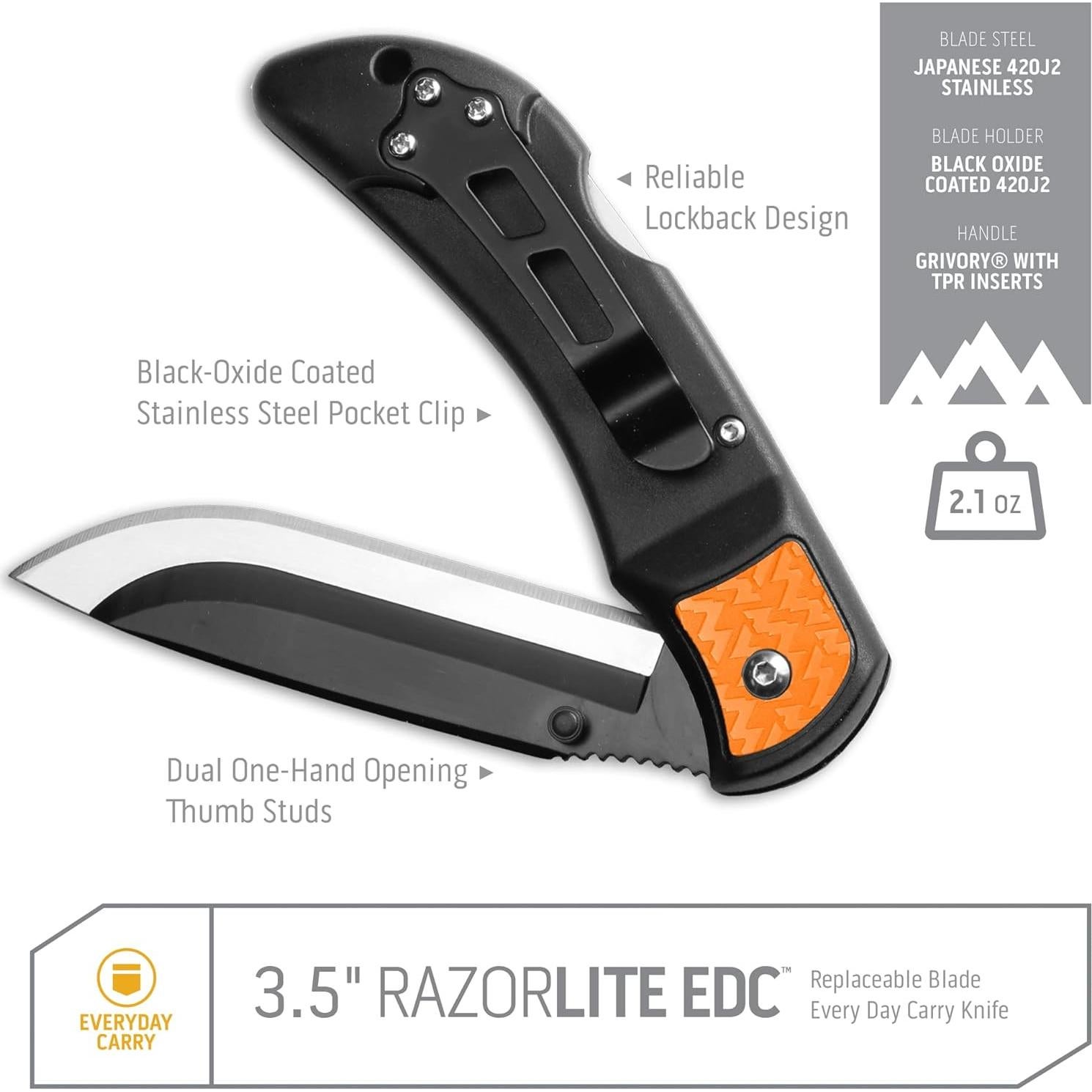 Cuchillo de bolsillo Outdoor Edge RazorLite RLB-30C Naranja 6 Hojas