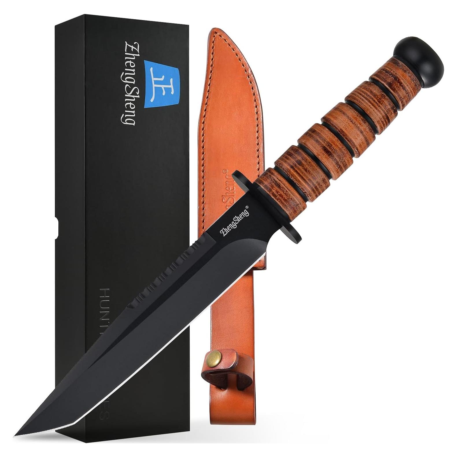 8.0 inches Fixed Blade Knife - Perfect PVD Titanium Coating DC53 Steel Blade Hunting Knife with Leather Sheath for Camping, Hiking, Survival