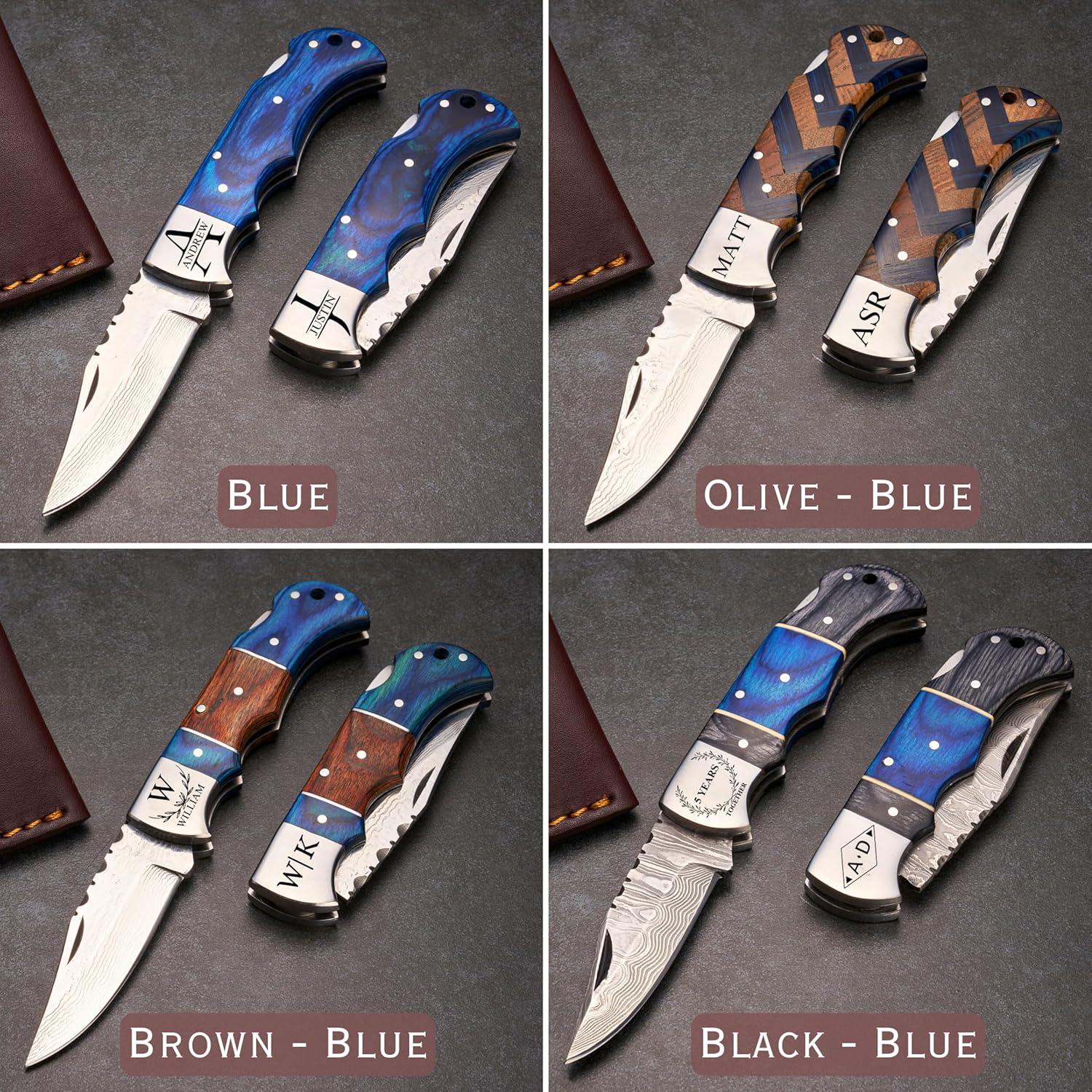 Cuchillo de bolsillo Damasco hecho a mano con mango de madera