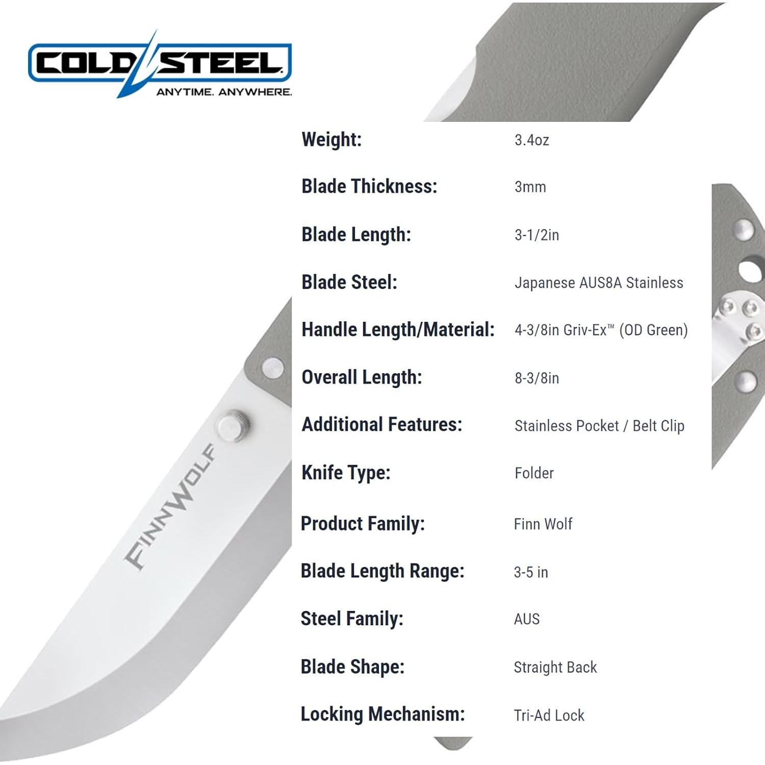 Cuchillo Plegable Cold Steel Finn Wolf AUS8A 3.5" Verde OD