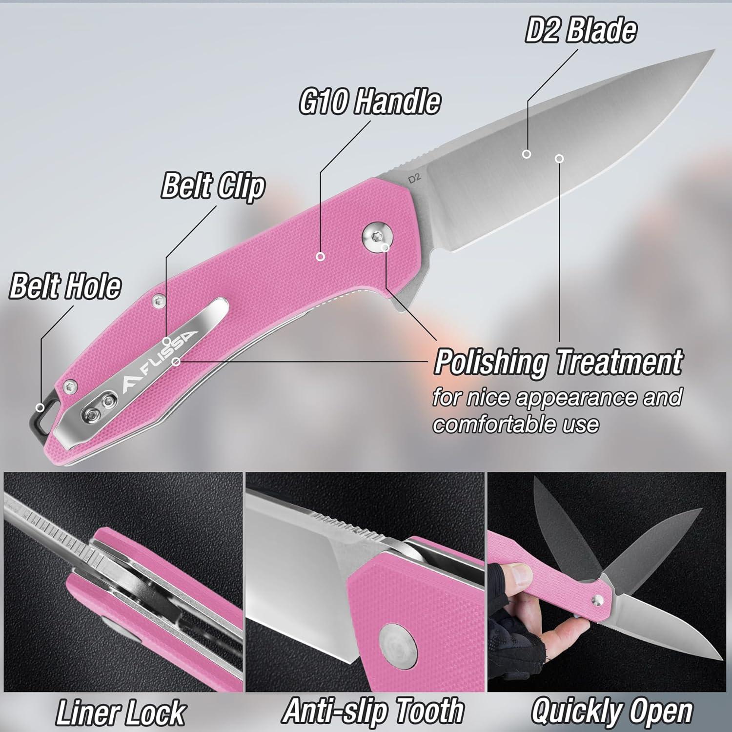 Cuchillo de bolsillo FLISSA Rosa, plegable D2, mango G10, EDC