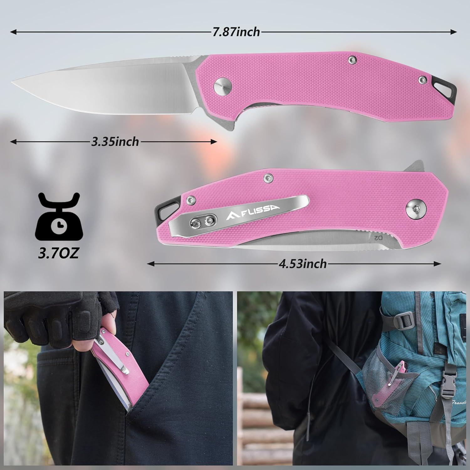 Cuchillo de bolsillo FLISSA Rosa, plegable D2, mango G10, EDC