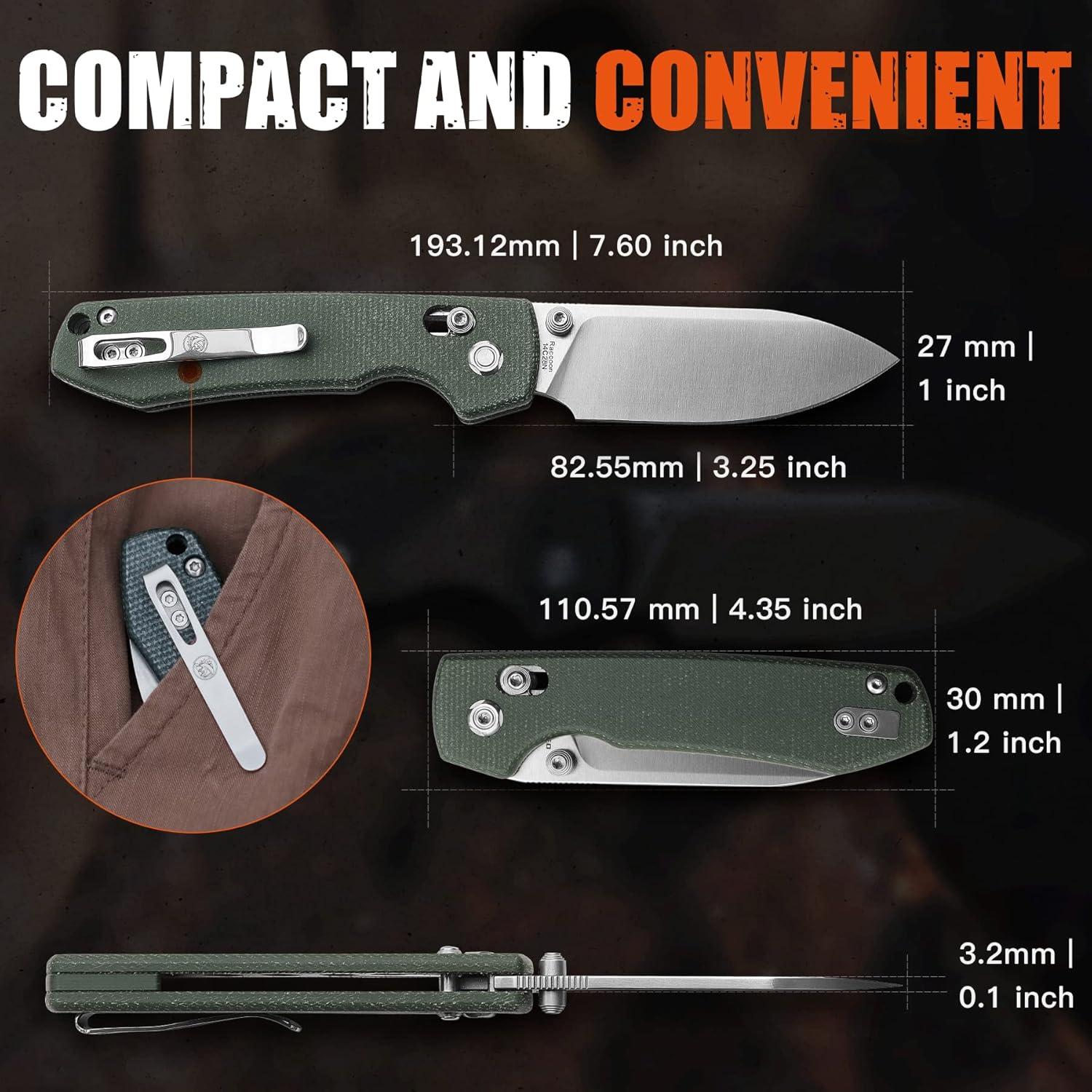 EDC Knife, Lightweight Folding Pocket knife with Clip for Men and Women, Sharp Crossbar Lock Knife with 3.25" Sandvik 14C28N Steel Blade, Micarta Handle for Camping, Hiking - Raccoon