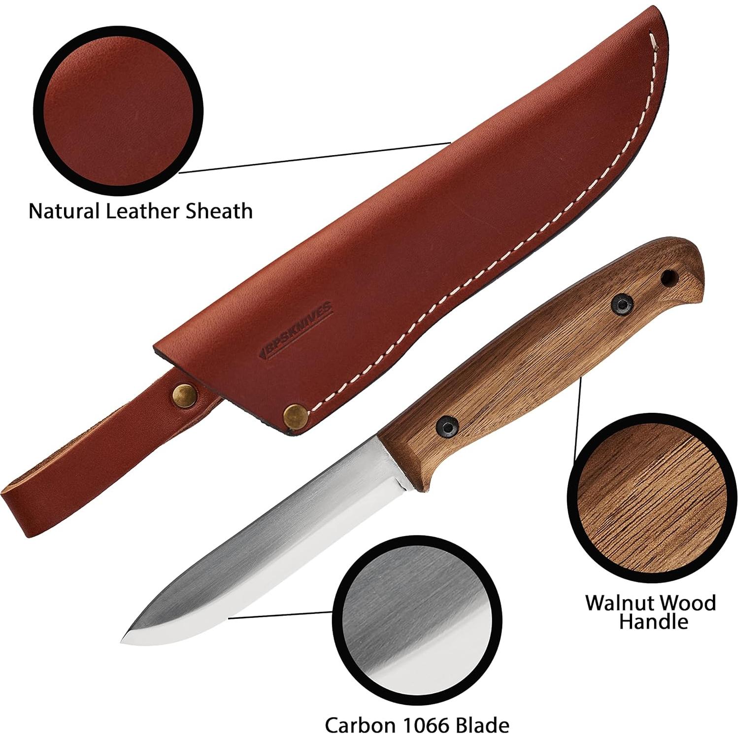 Cuchillo Bushcraft BPS BS2FT - Acero al Carbono, Funda de Cuero