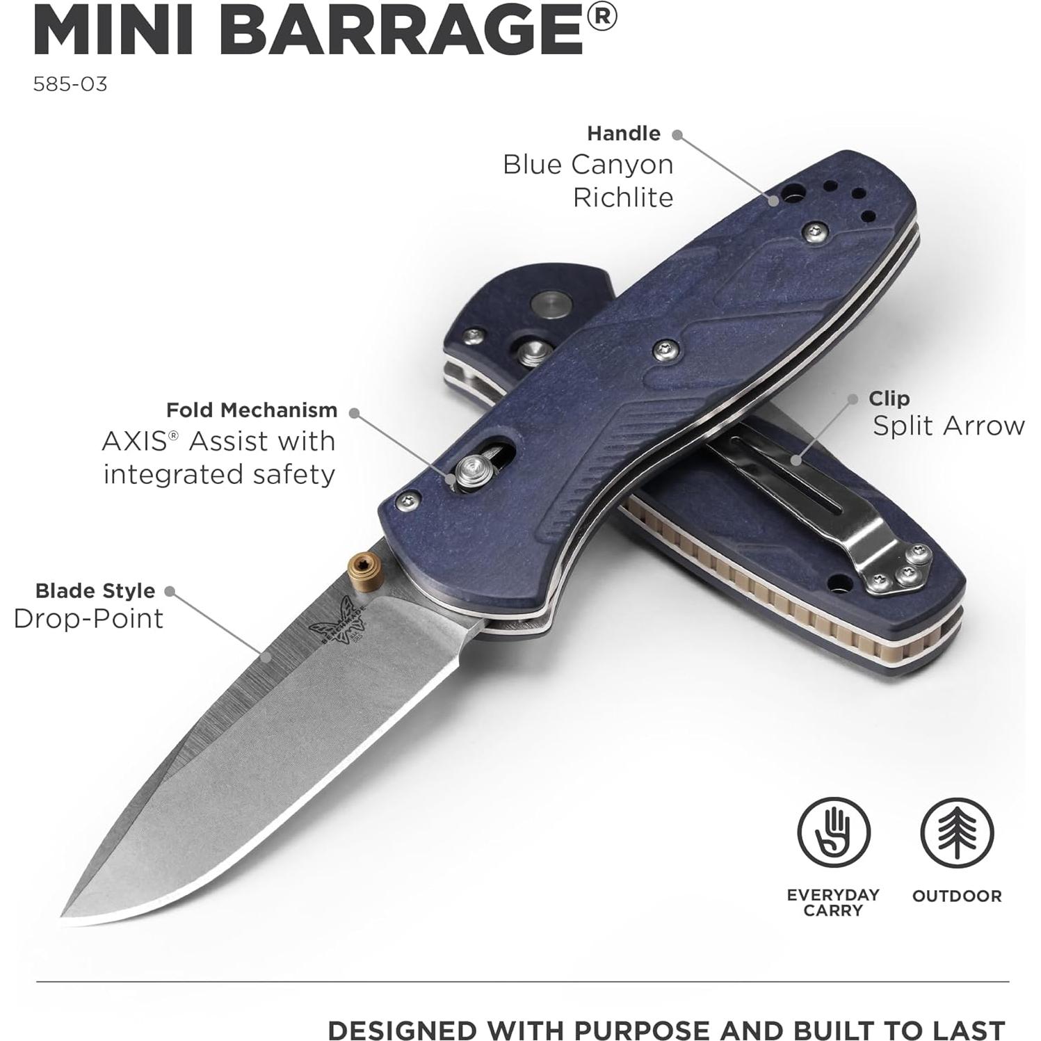 Cuchillo EDC Benchmade Mini Barrage 585-03 Richlite Azul