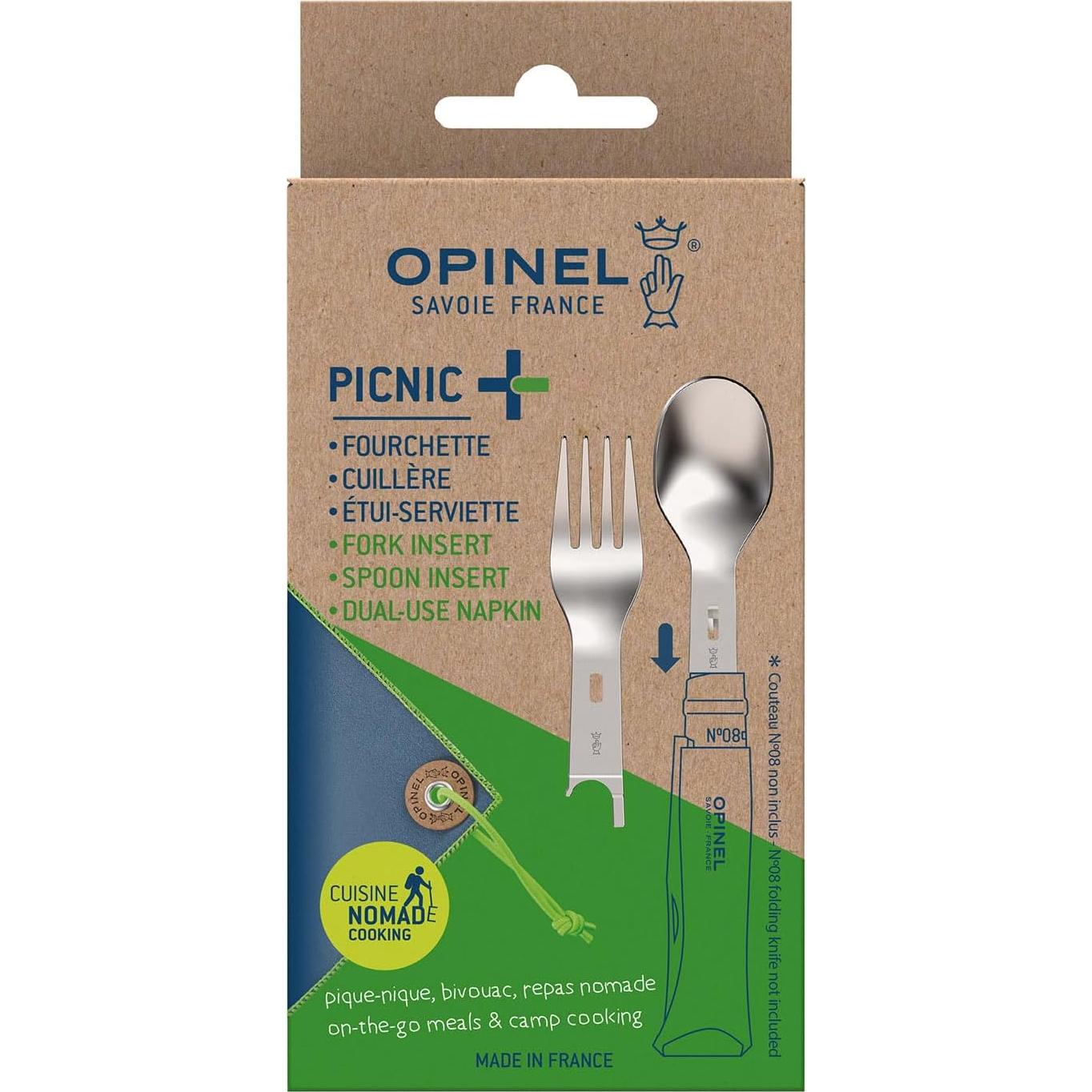 Picnic+ Cutlery Insert Set for No. 8 Folding Pocket Knives, Fork and Spoon Insert, Micro Fiber Napkin, Made in France