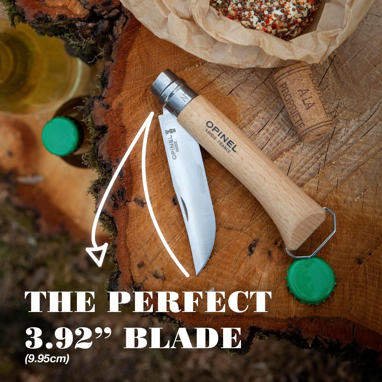 No. 10 Stainless Steel Corkscrew Wine and Cheese Folding Knife, Integrated Corkscrew + Bottle Opener, Beechwood Handle - Picnic Pocket Knife Made in France (Updated Version)