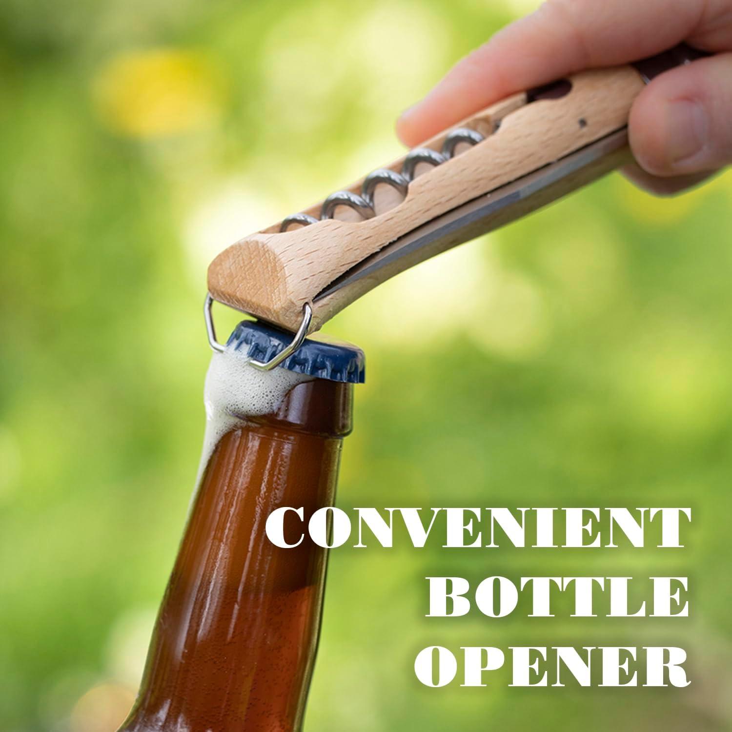 No. 10 Stainless Steel Corkscrew Wine and Cheese Folding Knife, Integrated Corkscrew + Bottle Opener, Beechwood Handle - Picnic Pocket Knife Made in France (Updated Version)