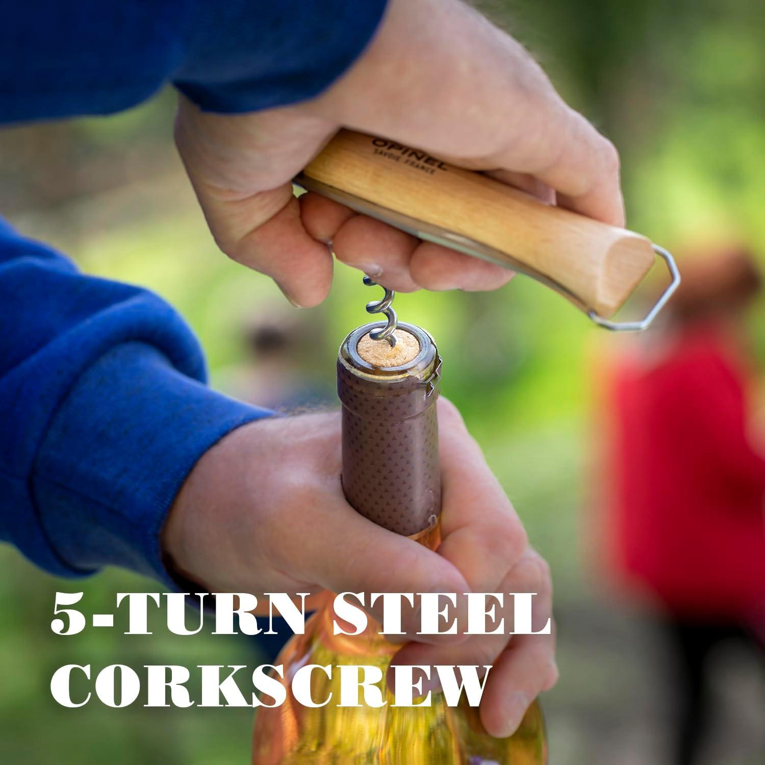 No. 10 Stainless Steel Corkscrew Wine and Cheese Folding Knife, Integrated Corkscrew + Bottle Opener, Beechwood Handle - Picnic Pocket Knife Made in France (Updated Version)