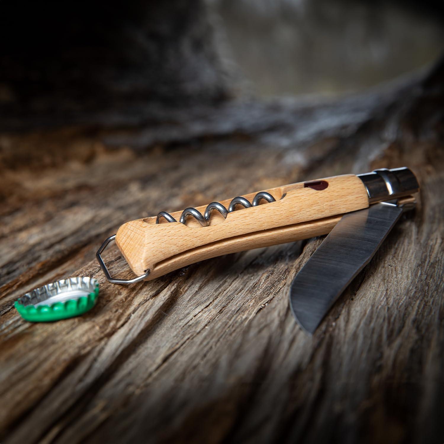 No. 10 Stainless Steel Corkscrew Wine and Cheese Folding Knife, Integrated Corkscrew + Bottle Opener, Beechwood Handle - Picnic Pocket Knife Made in France (Updated Version)