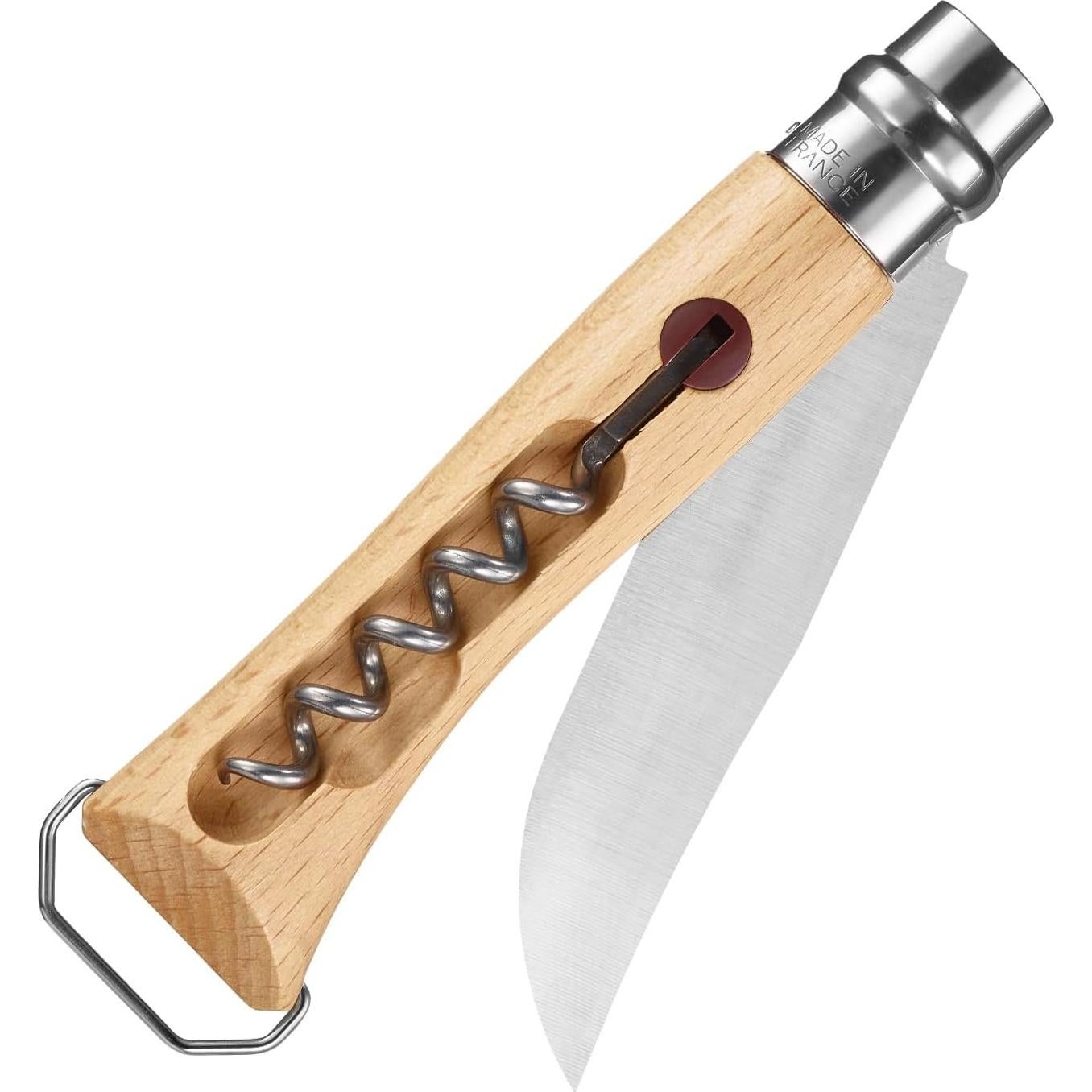 No. 10 Stainless Steel Corkscrew Wine and Cheese Folding Knife, Integrated Corkscrew + Bottle Opener, Beechwood Handle - Picnic Pocket Knife Made in France (Updated Version)