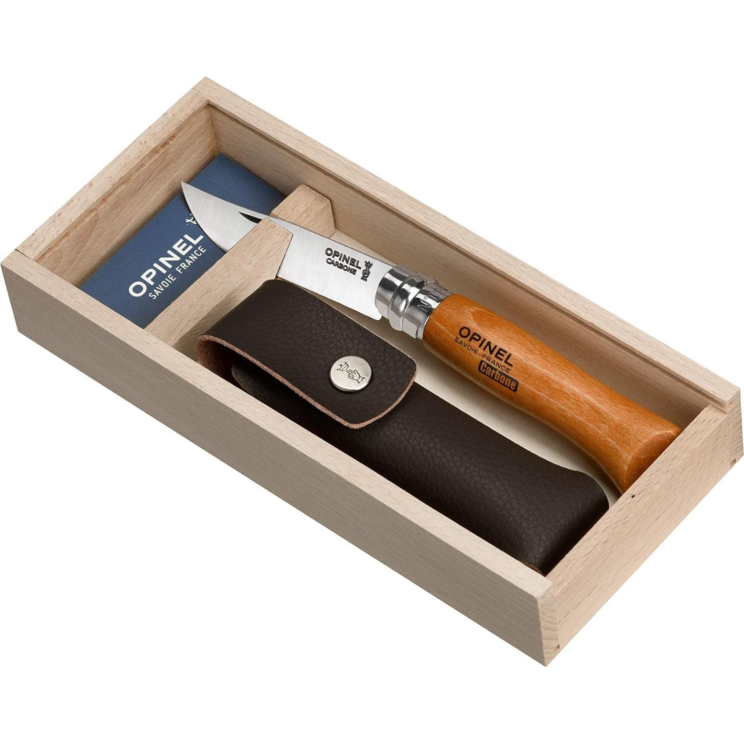 Cuchillo de bolsillo plegable Opinel Carbon No. 8 con funda