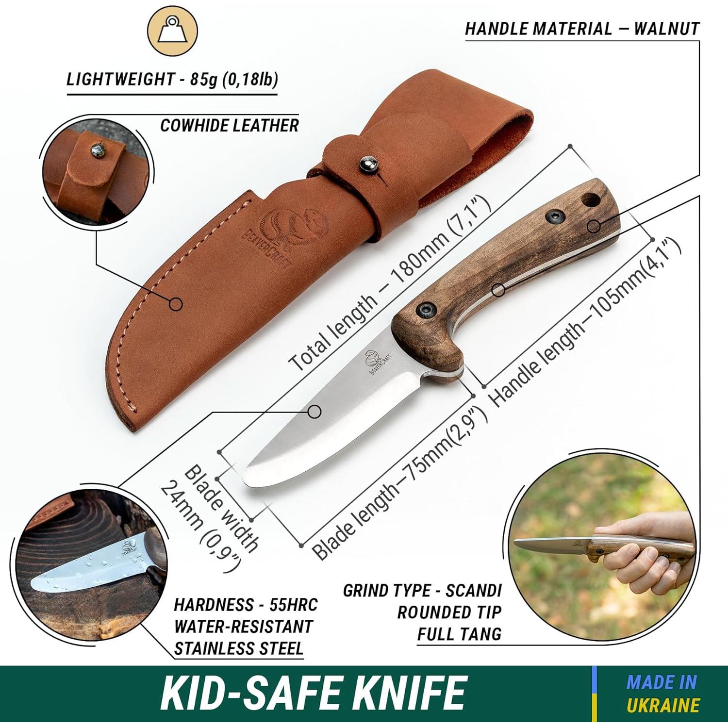 Cuchillo Scout para Niños BeaverCraft BSH Kid - Seguro y Ergonómico