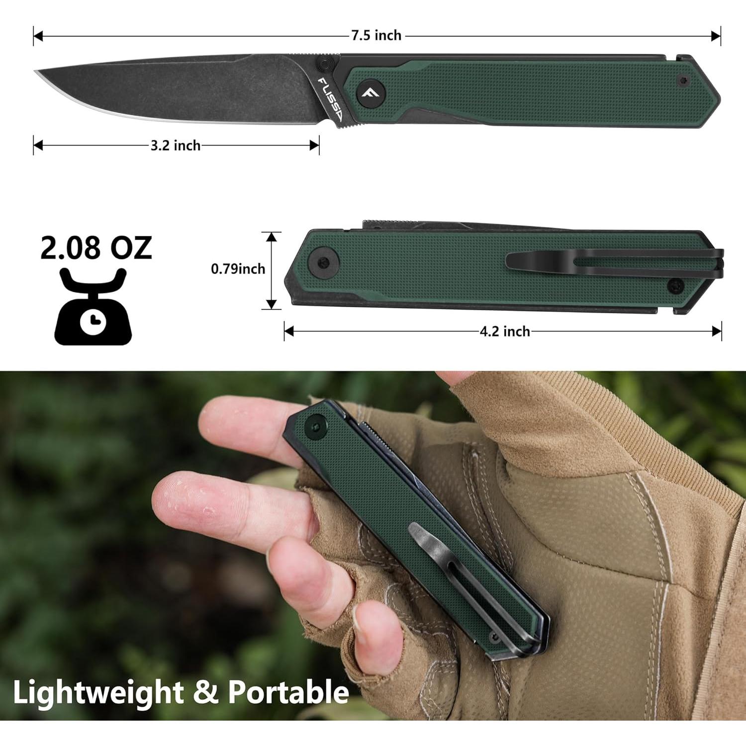 Cuchillo de bolsillo FLISSA plegable 8Cr13MoV 8.13 cm verde