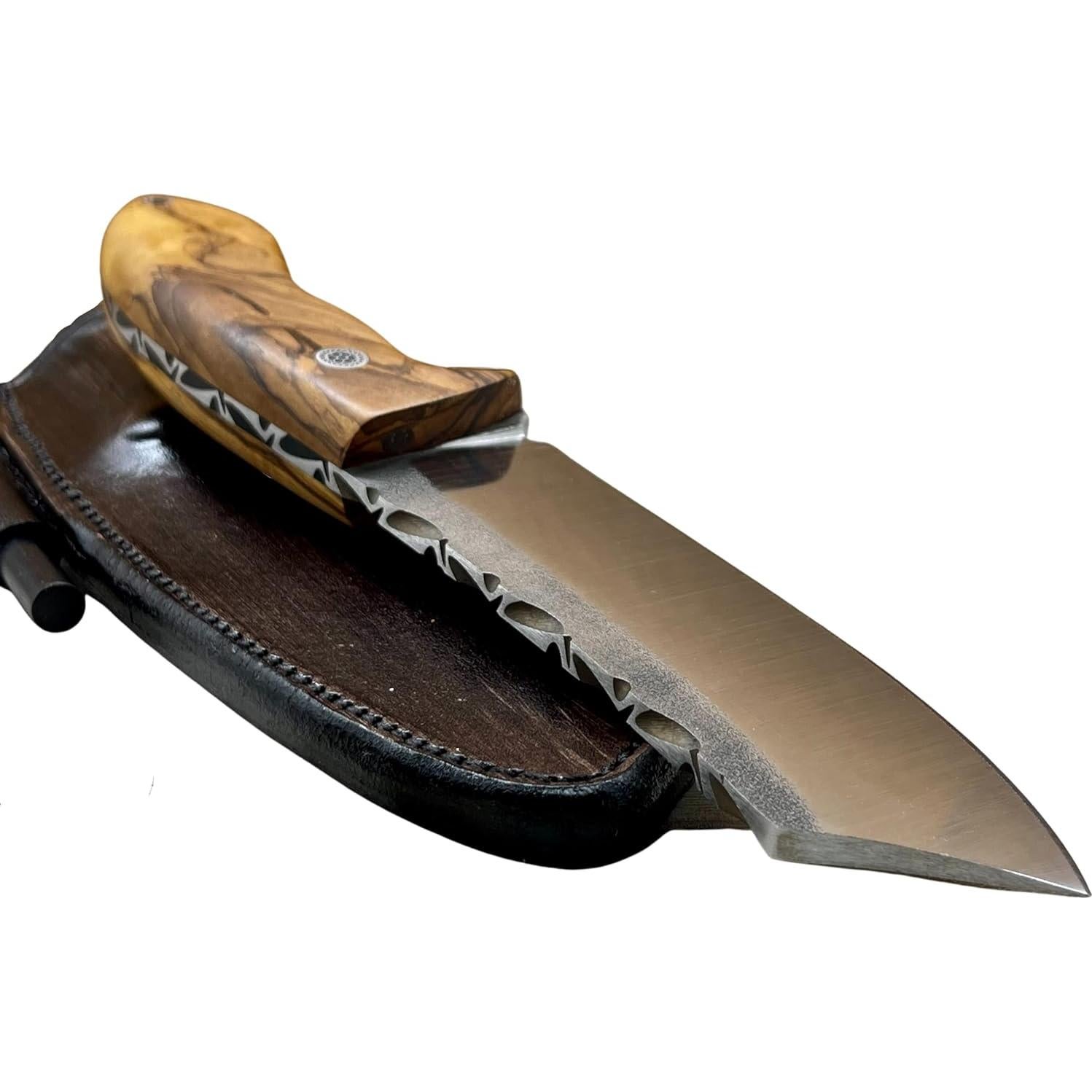 Handmade Camping, Full Tang Bushcraft Knife, Olive Wood Handle N690 Survival Knife, Tactical Knife with sheath and Magnesium Fire Starter