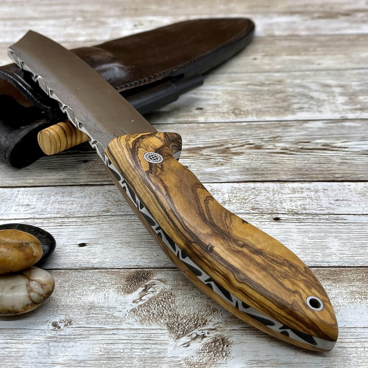 Handmade Camping, Full Tang Bushcraft Knife, Olive Wood Handle N690 Survival Knife, Tactical Knife with sheath and Magnesium Fire Starter