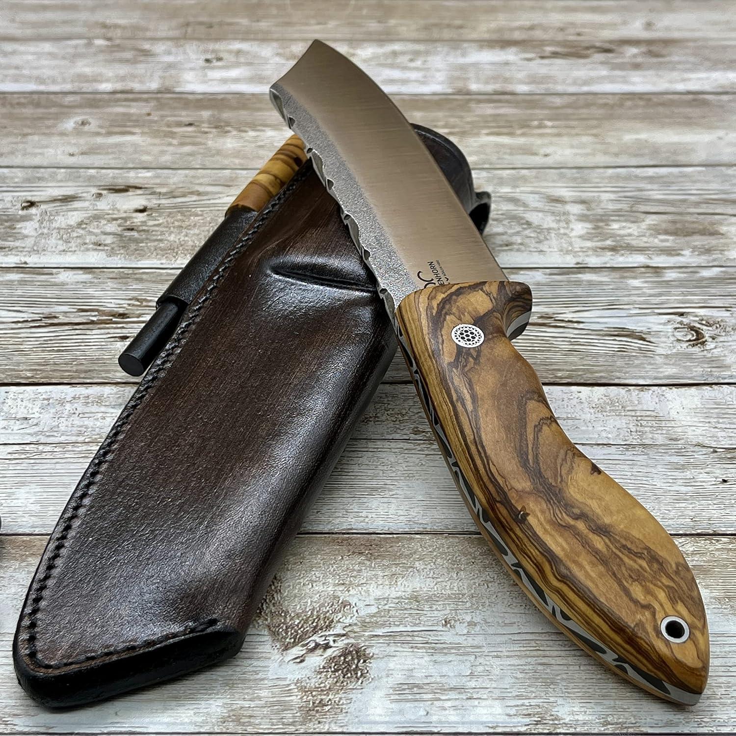 Handmade Camping, Full Tang Bushcraft Knife, Olive Wood Handle N690 Survival Knife, Tactical Knife with sheath and Magnesium Fire Starter