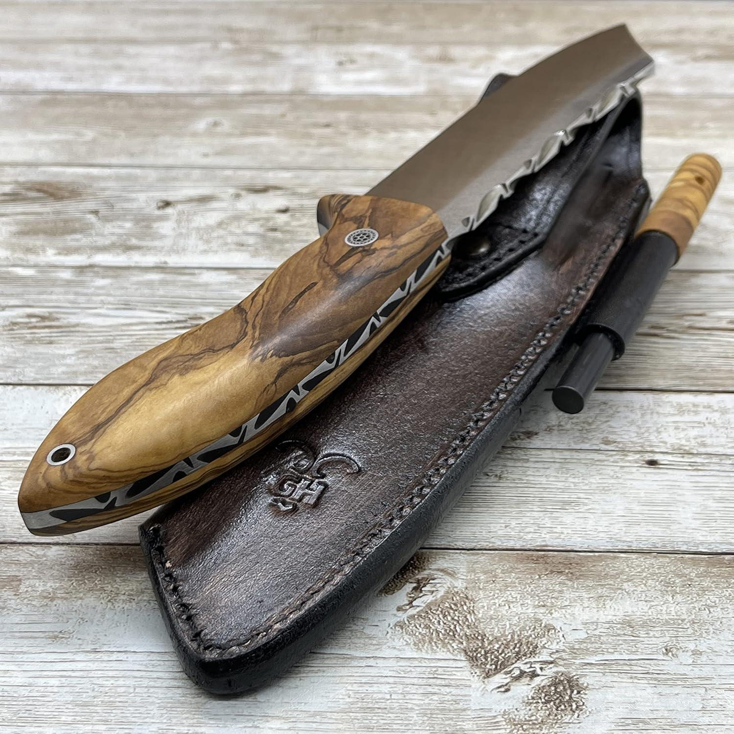 Handmade Camping, Full Tang Bushcraft Knife, Olive Wood Handle N690 Survival Knife, Tactical Knife with sheath and Magnesium Fire Starter
