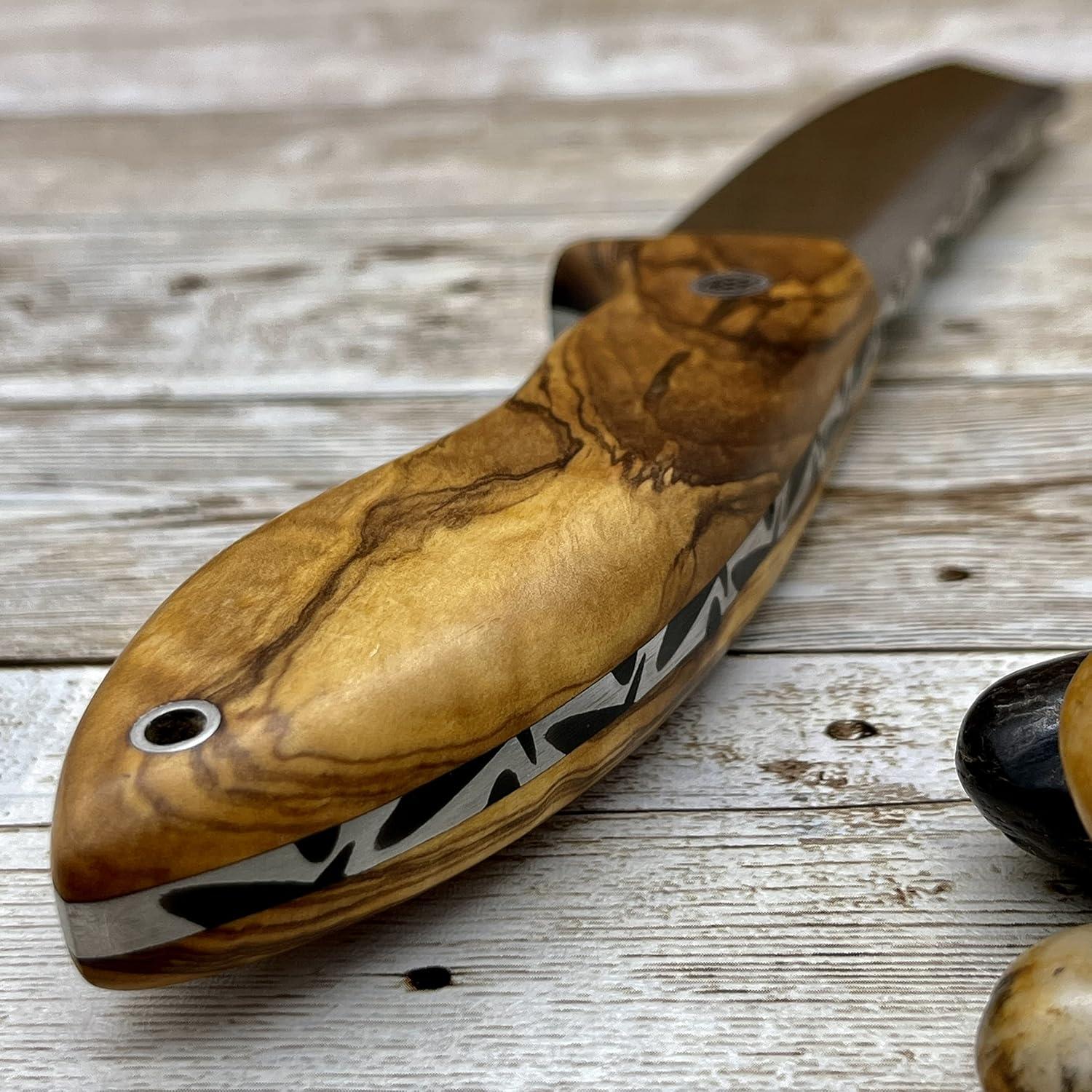 Handmade Camping, Full Tang Bushcraft Knife, Olive Wood Handle N690 Survival Knife, Tactical Knife with sheath and Magnesium Fire Starter