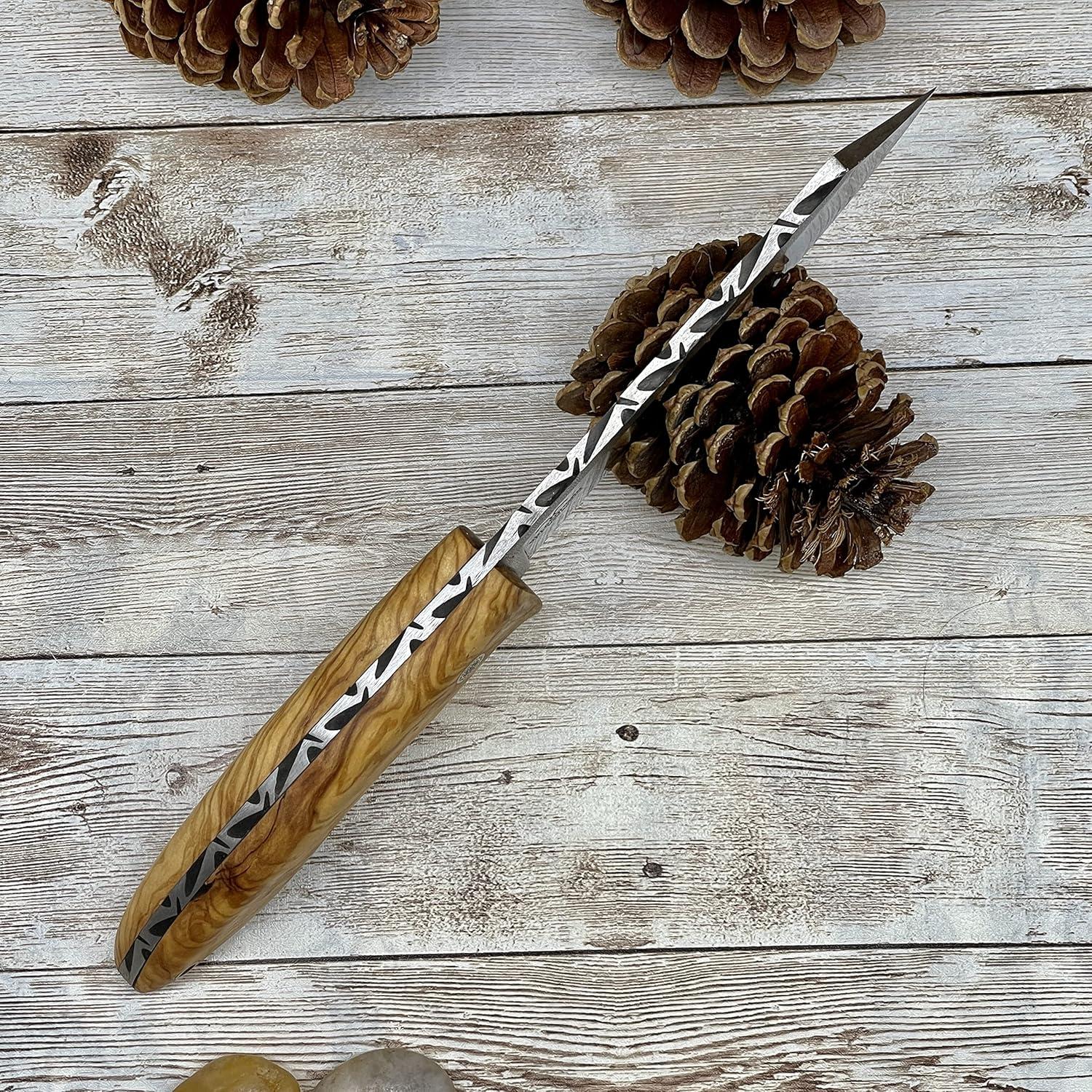 Handmade Camping, Full Tang Bushcraft Knife, Olive Wood Handle N690 Survival Knife, Tactical Knife with sheath and Magnesium Fire Starter