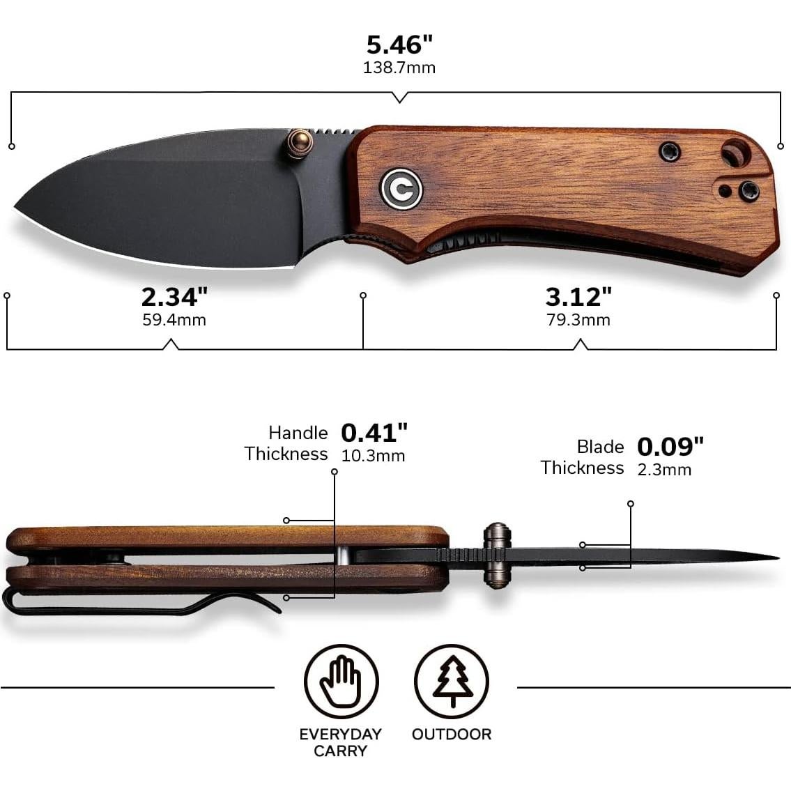 Baby Banter Pocket Knife for EDC, Ben Petersen Folding Knife with 2.34 in Nitro V Steel Blade Cuibourtia Wood Handle, Titanium Thumb Stud Opener C19068SB-2(Wood)