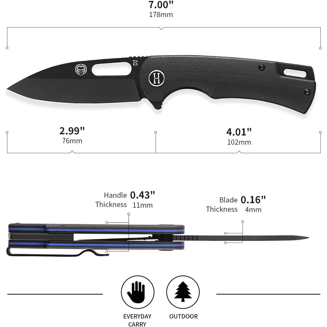 Cuchillo de bolsillo plegable Holtzman's Gorilla D2 EDC 17.78 cm