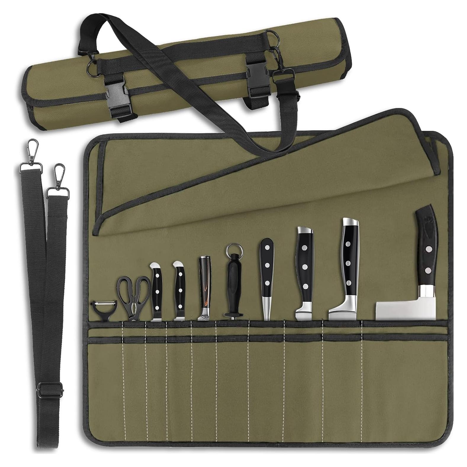 Bolsa de Cuchillos de Chef QIQU Verde Ejército 10 Ranuras