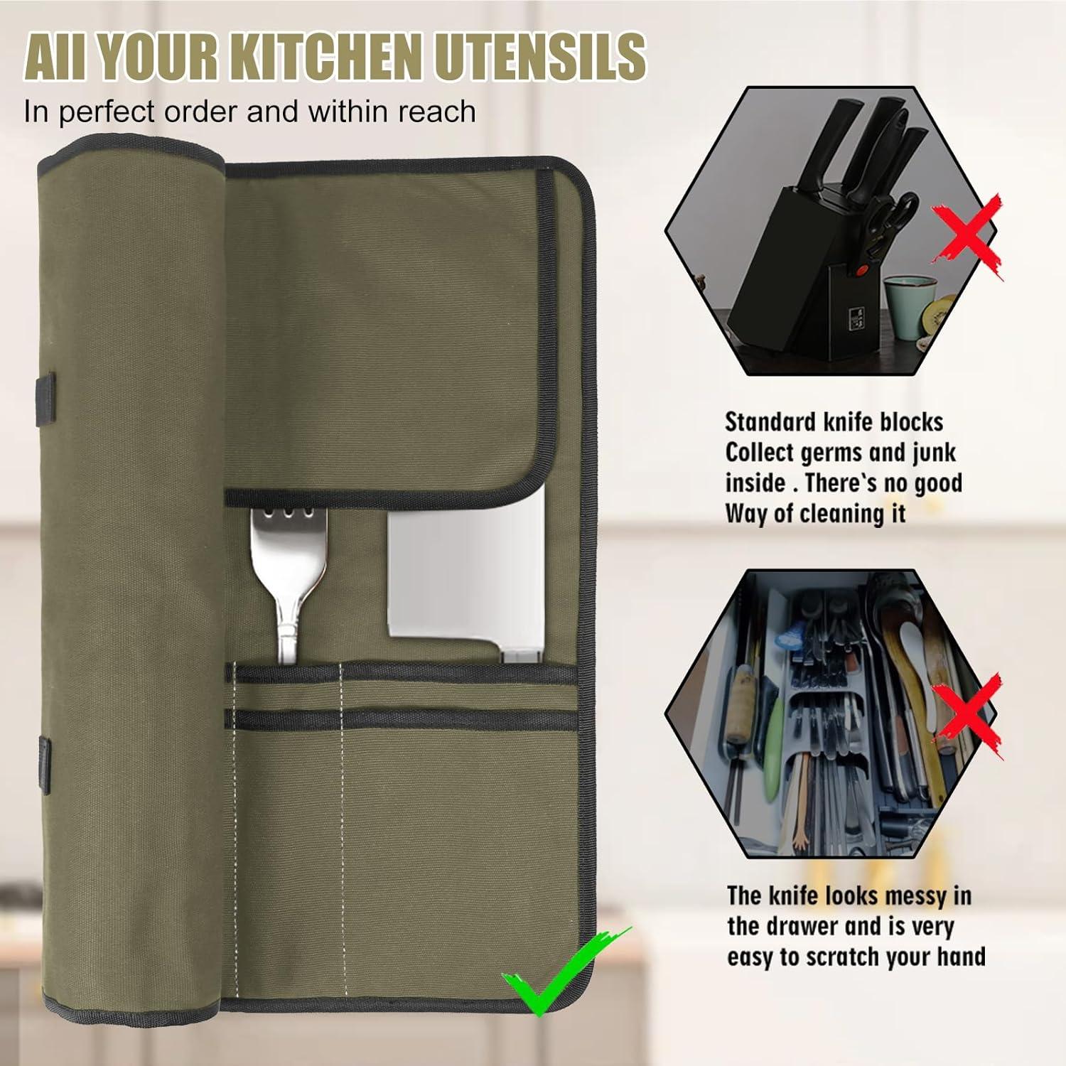 Bolsa de Cuchillos de Chef QIQU Verde Ejército 10 Ranuras