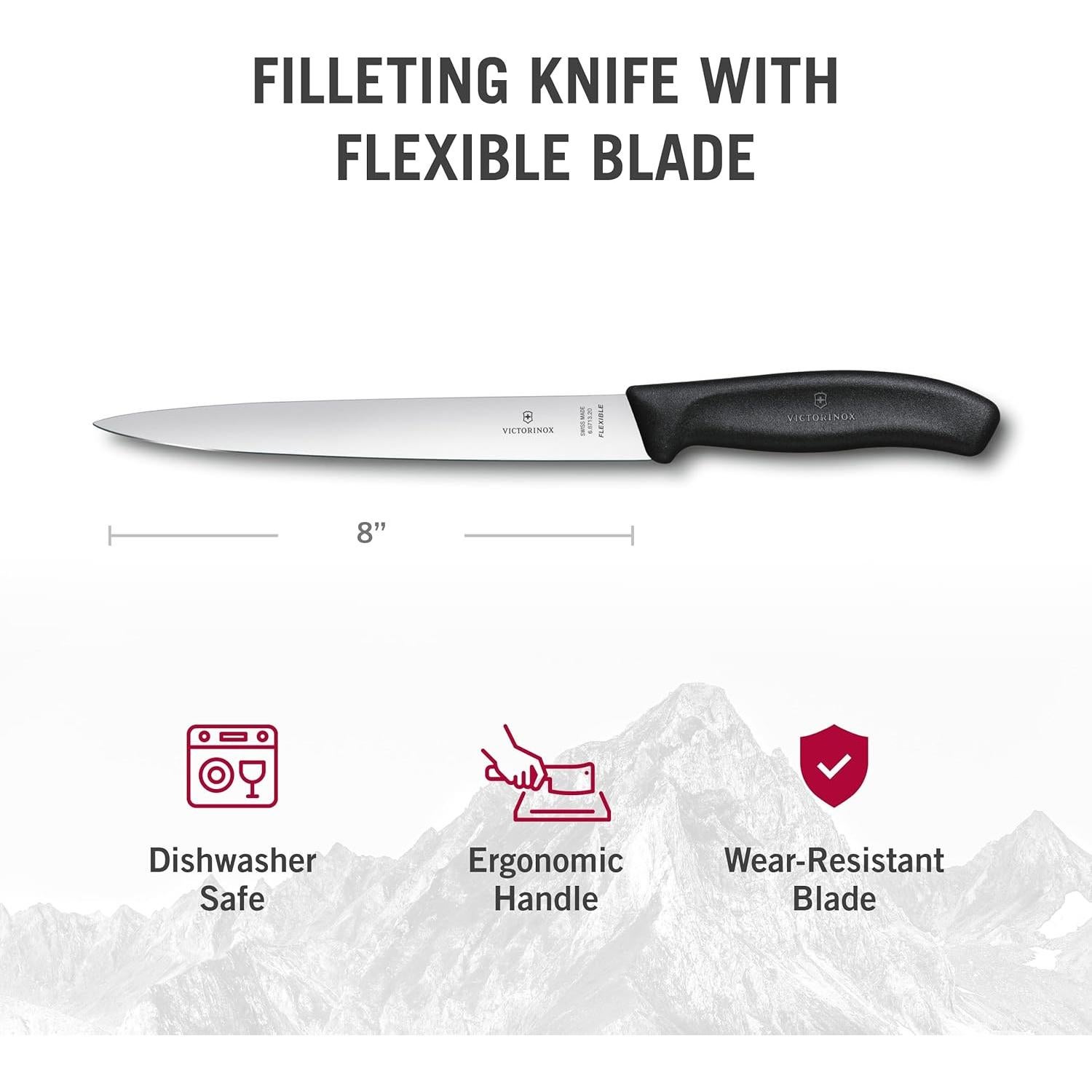 Swiss Classic 8-Inch Fillet Knife, with Straight Flexible Blade, Multicolor