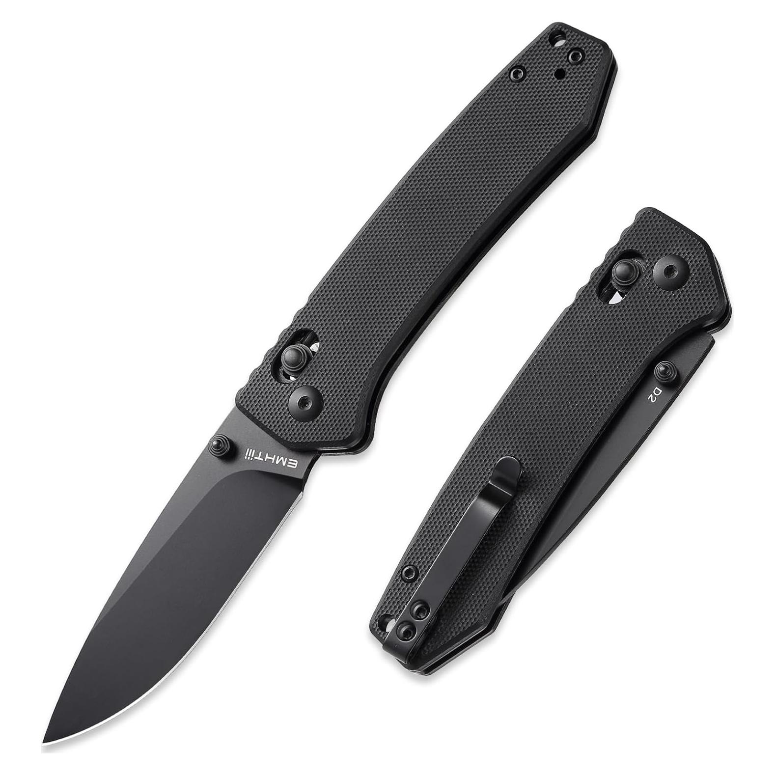 D2 Steel Folding Pocket Knife with Reversible Clip: 3.14" Black Drop Point Blade, Crossbar Axis Lock, G10 Handle Scales, Small EDC Knives Camping for Man Women