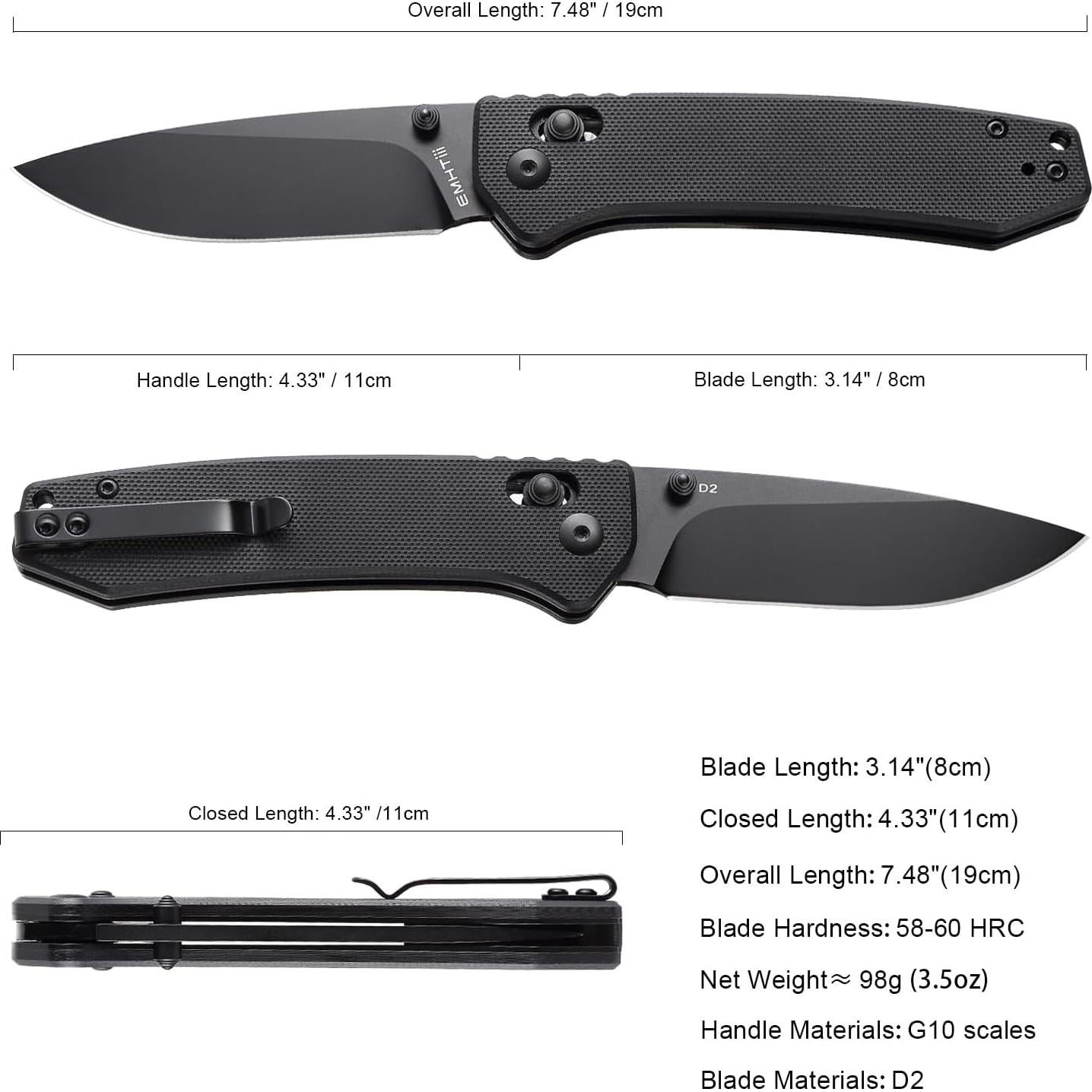 D2 Steel Folding Pocket Knife with Reversible Clip: 3.14" Black Drop Point Blade, Crossbar Axis Lock, G10 Handle Scales, Small EDC Knives Camping for Man Women