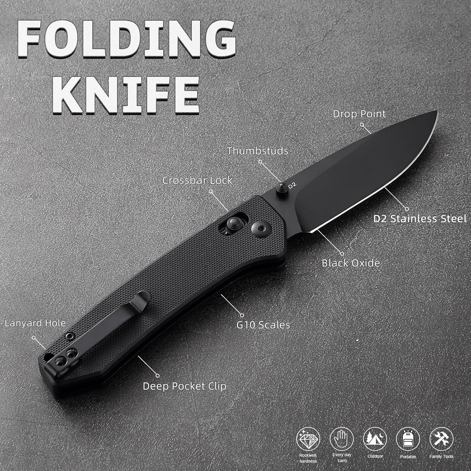 D2 Steel Folding Pocket Knife with Reversible Clip: 3.14" Black Drop Point Blade, Crossbar Axis Lock, G10 Handle Scales, Small EDC Knives Camping for Man Women