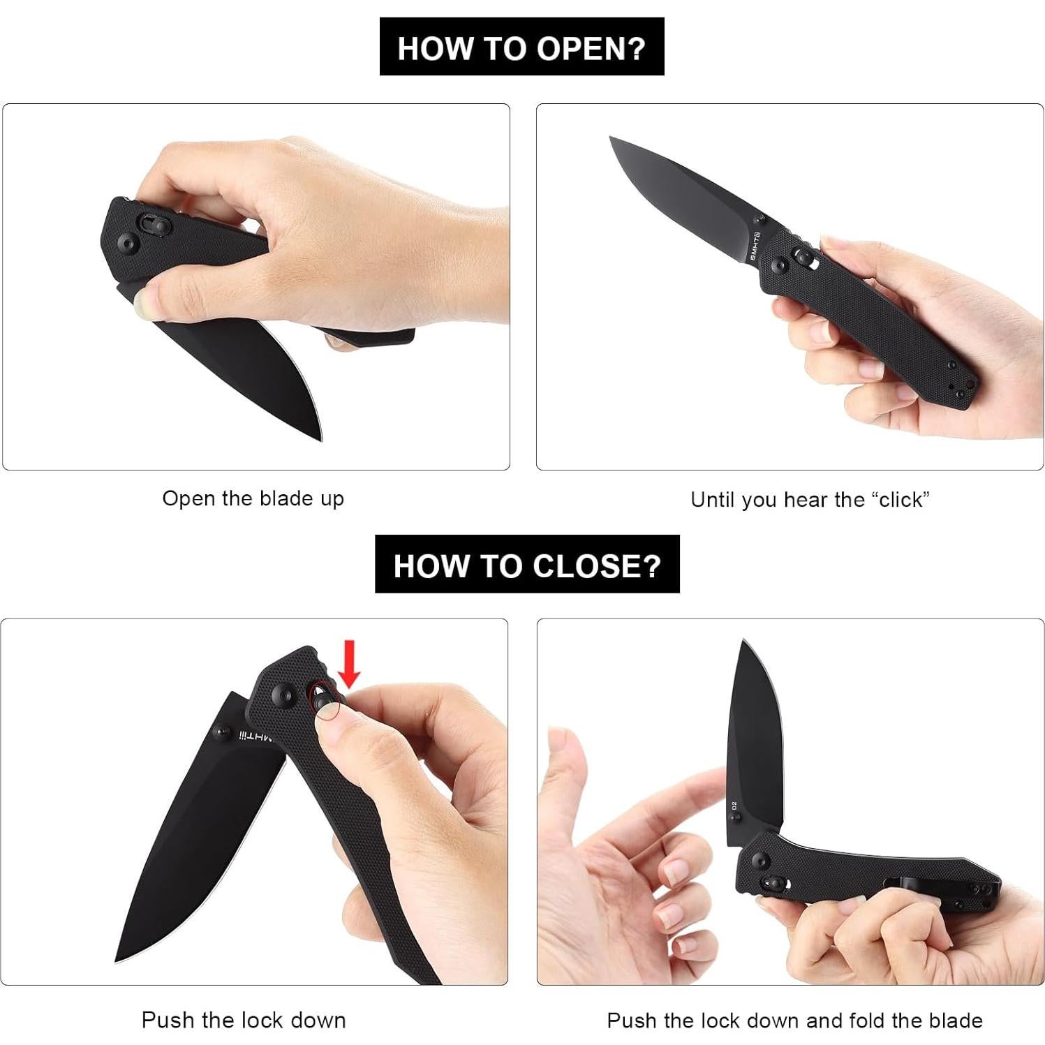 D2 Steel Folding Pocket Knife with Reversible Clip: 3.14" Black Drop Point Blade, Crossbar Axis Lock, G10 Handle Scales, Small EDC Knives Camping for Man Women