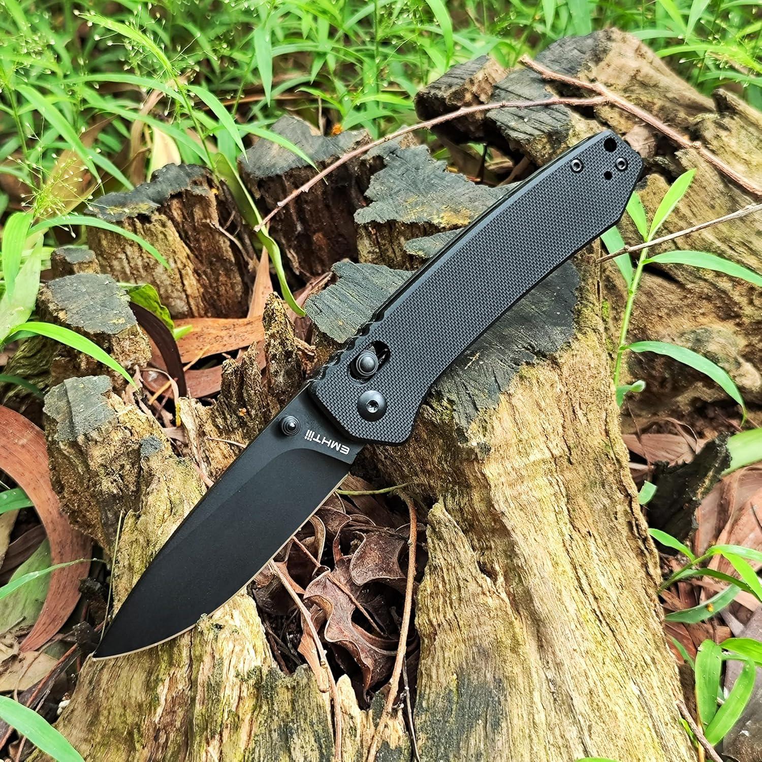 D2 Steel Folding Pocket Knife with Reversible Clip: 3.14" Black Drop Point Blade, Crossbar Axis Lock, G10 Handle Scales, Small EDC Knives Camping for Man Women