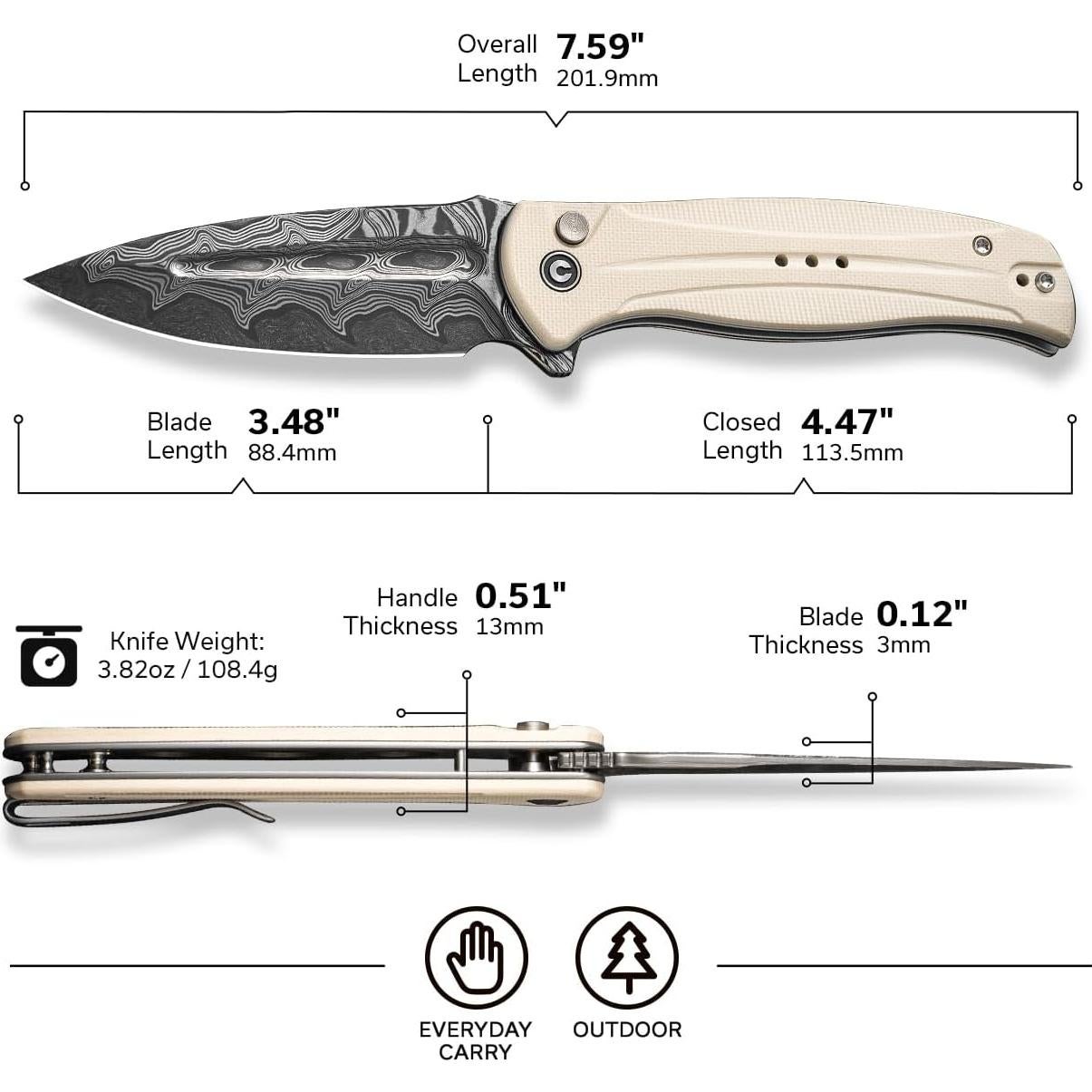 Cuchillo Plegable CIVIVI Incindie Damasco 8.84 cm Marfil
