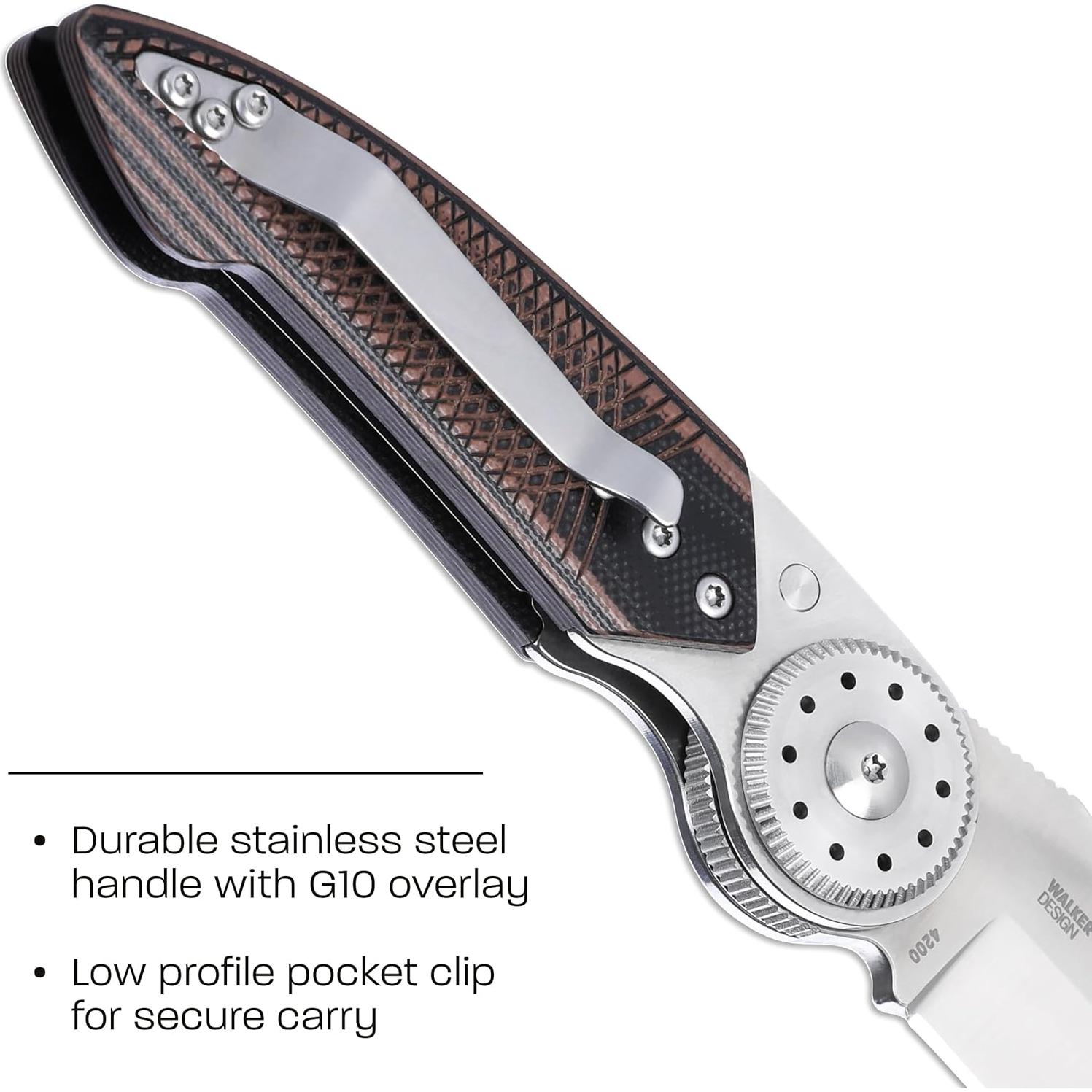 Walker Blade Lock Everyday Carry EDC Folding Knife with Blade Lock: 14C28N Steel Plain Edge, Stainless Steel Handle with G10 Overlay, Pocket Clip, 4200