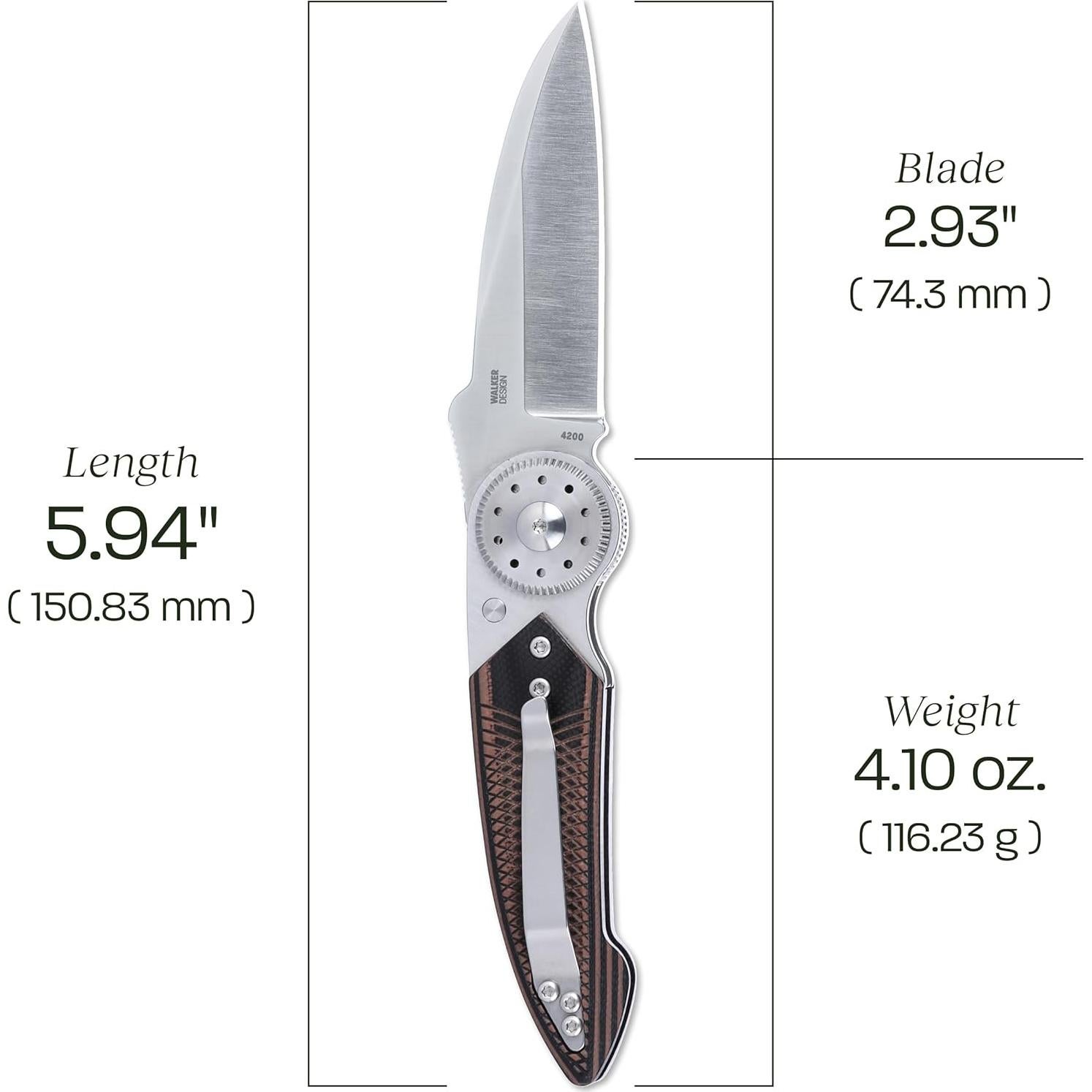 Walker Blade Lock Everyday Carry EDC Folding Knife with Blade Lock: 14C28N Steel Plain Edge, Stainless Steel Handle with G10 Overlay, Pocket Clip, 4200
