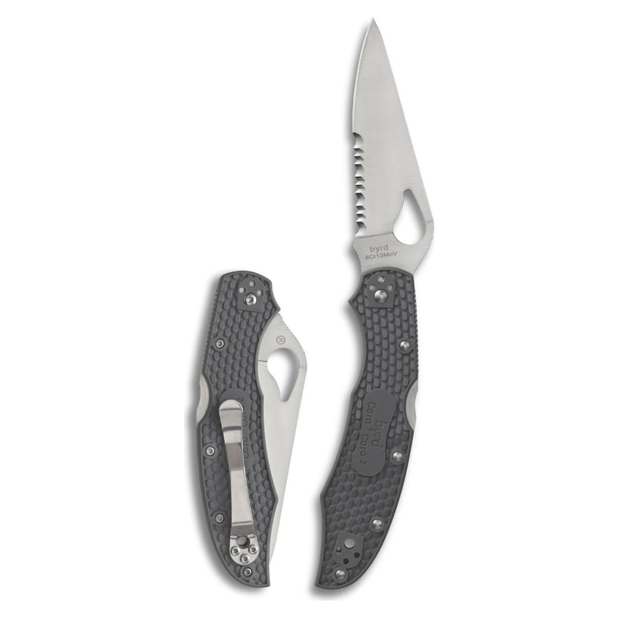 Spyderco Byrd Cara Cara 2 Lightweight Knife with 3.75" Stainless Steel Blade and Gray Non-Slip FRN Handle - CombinationEdge - BY03PSGY2