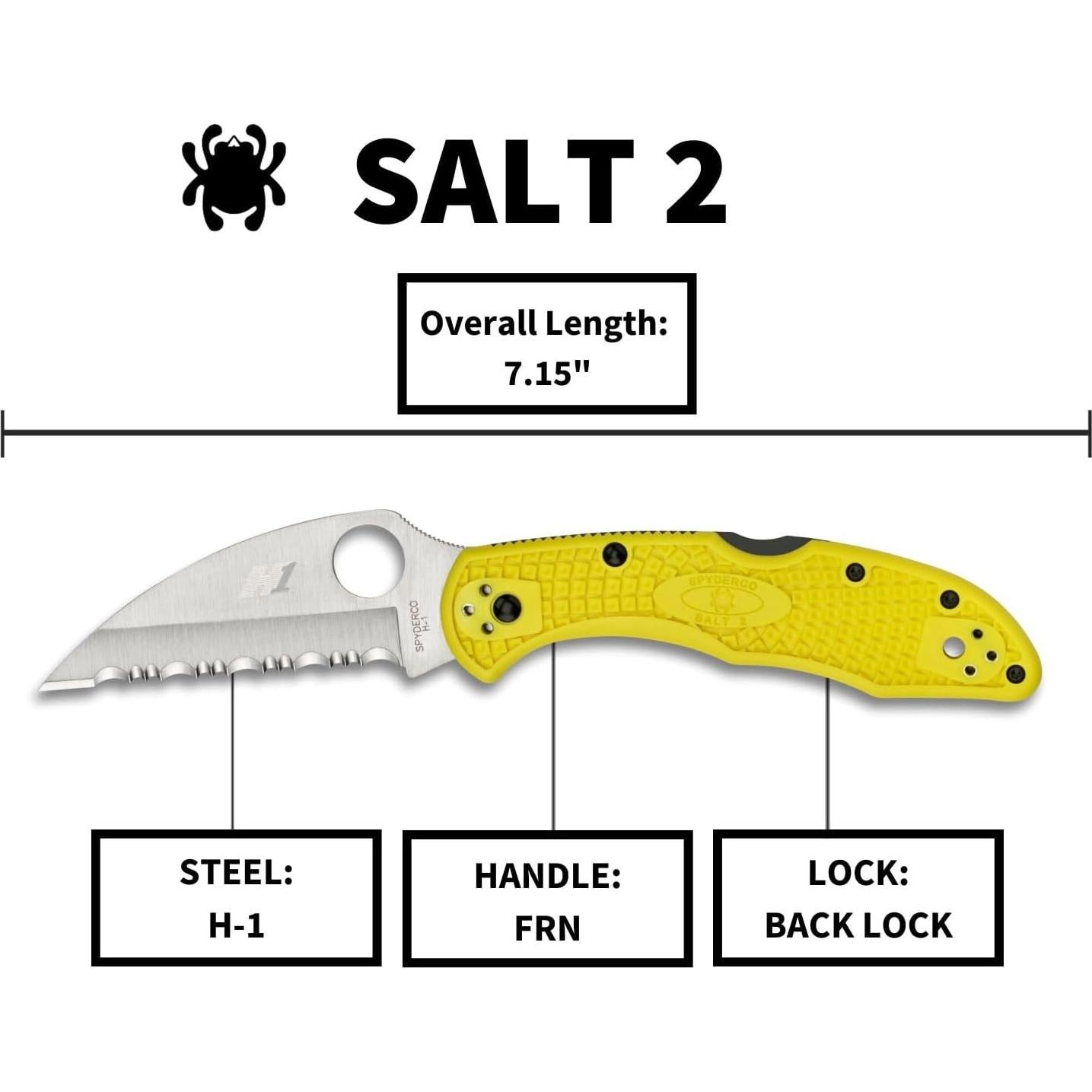Cuchillo Spyderco Salt 2 Wharncliffe H-1 7.34 cm Mango FRN Amarillo