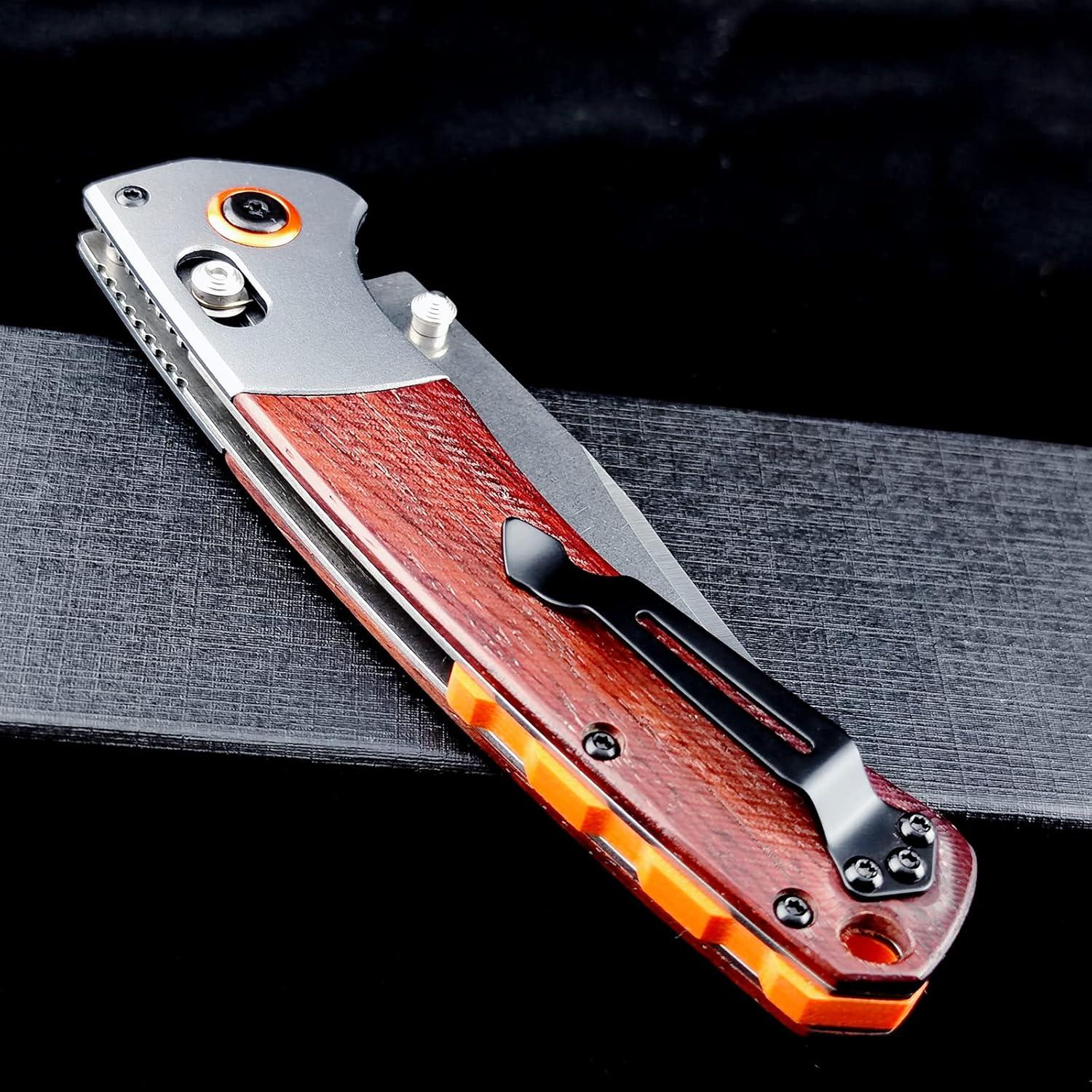 Cuchillo Plegable EDC Genérico D2 Mango de Madera 23cm Naranja