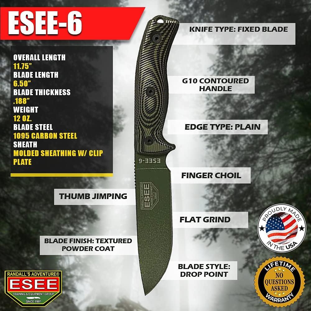 Cuchillo ESEE-6 de hoja fija, acero al carbono 1095, 29.85 cm