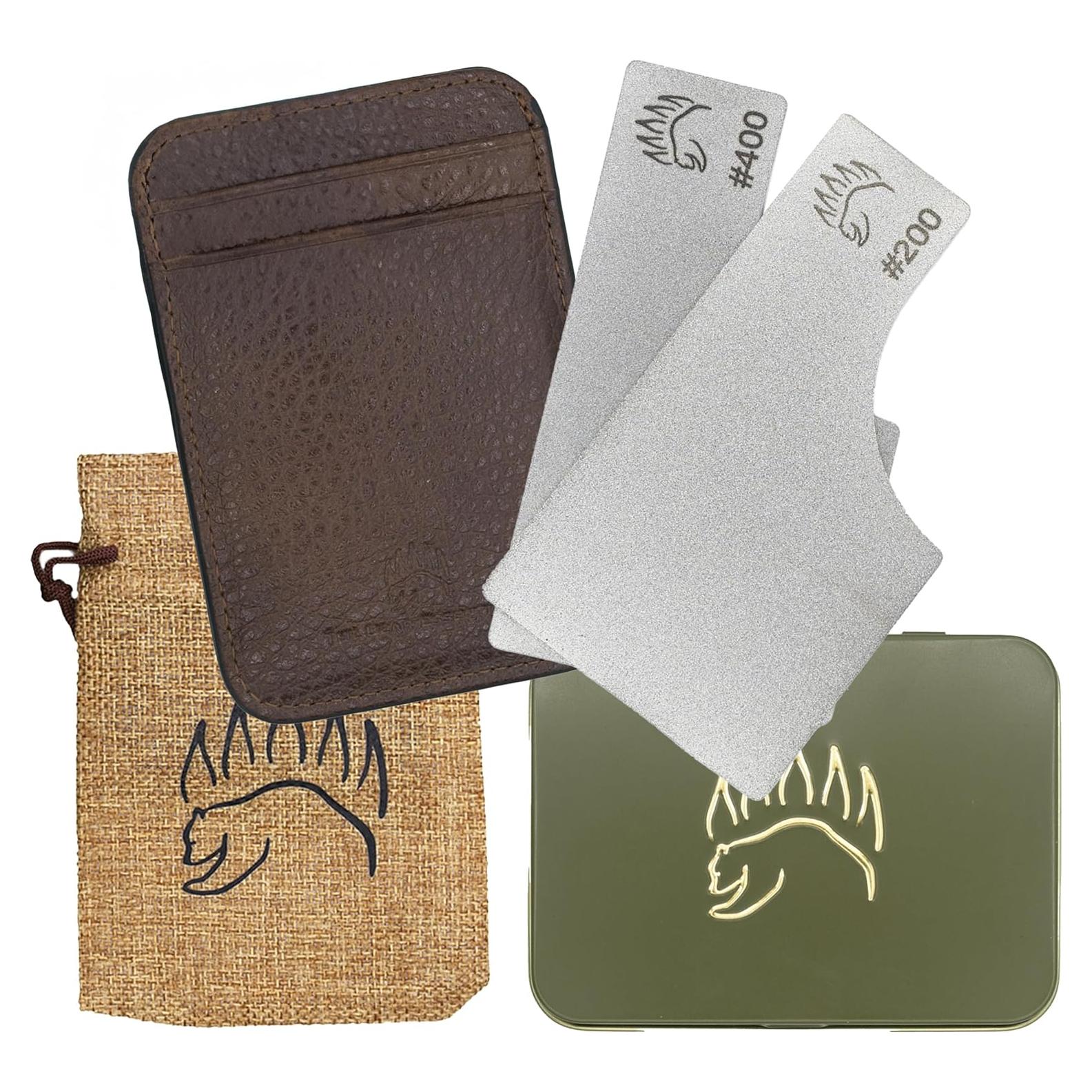 2X Dual Grit Diamond Sharpening Stone + Leather Wallet Strop | By The Bear Essentials | Pocket Credit-Card Sized Field Sharpener for Camping, Bushcraft, Outdoors, Survival, EDC - Light Brown