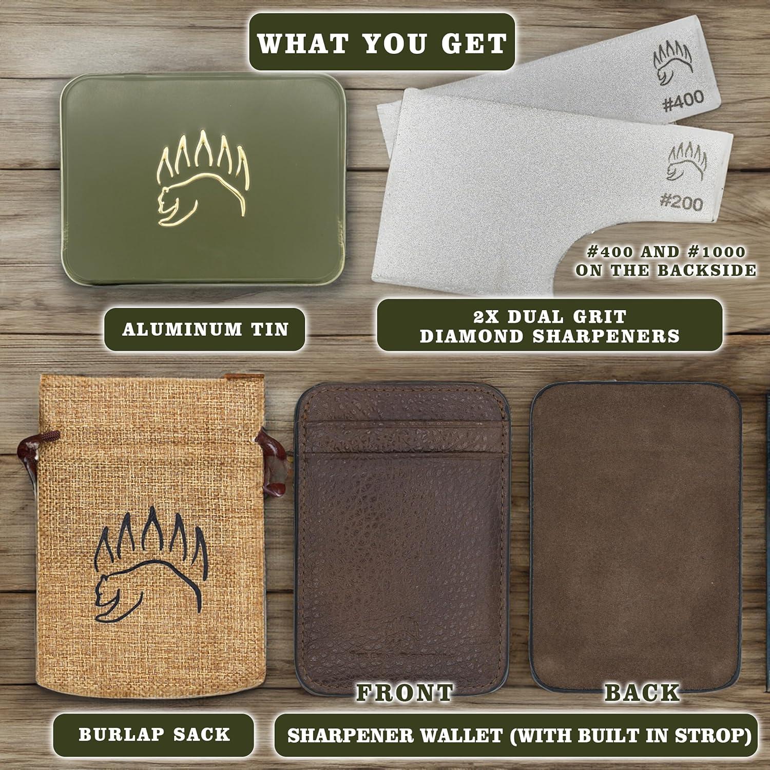 2X Dual Grit Diamond Sharpening Stone + Leather Wallet Strop | By The Bear Essentials | Pocket Credit-Card Sized Field Sharpener for Camping, Bushcraft, Outdoors, Survival, EDC - Light Brown