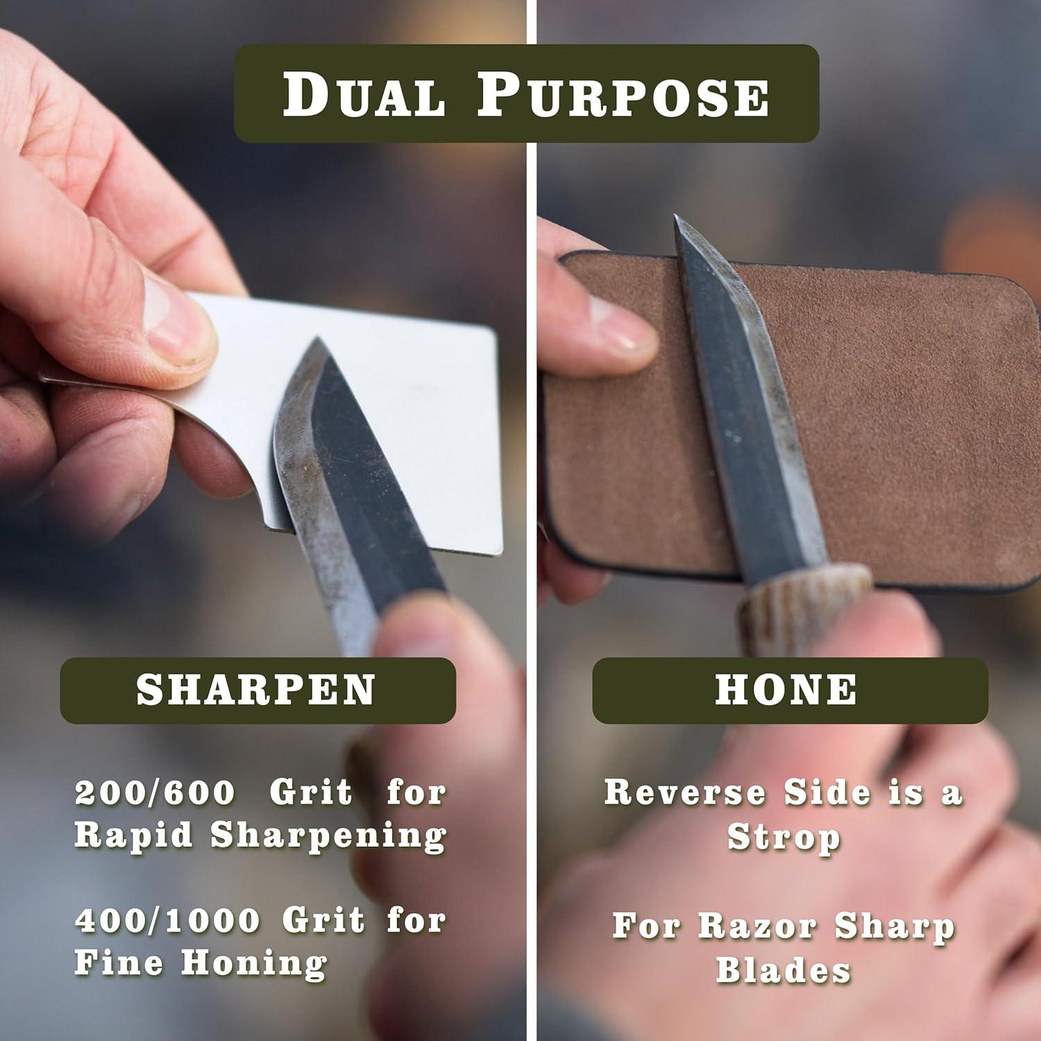2X Dual Grit Diamond Sharpening Stone + Leather Wallet Strop | By The Bear Essentials | Pocket Credit-Card Sized Field Sharpener for Camping, Bushcraft, Outdoors, Survival, EDC - Light Brown