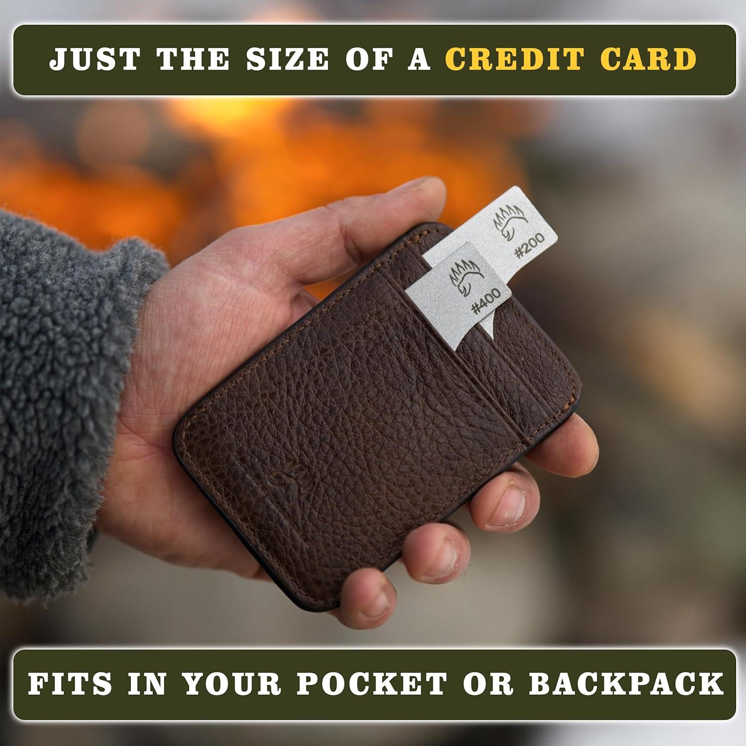 2X Dual Grit Diamond Sharpening Stone + Leather Wallet Strop | By The Bear Essentials | Pocket Credit-Card Sized Field Sharpener for Camping, Bushcraft, Outdoors, Survival, EDC - Light Brown